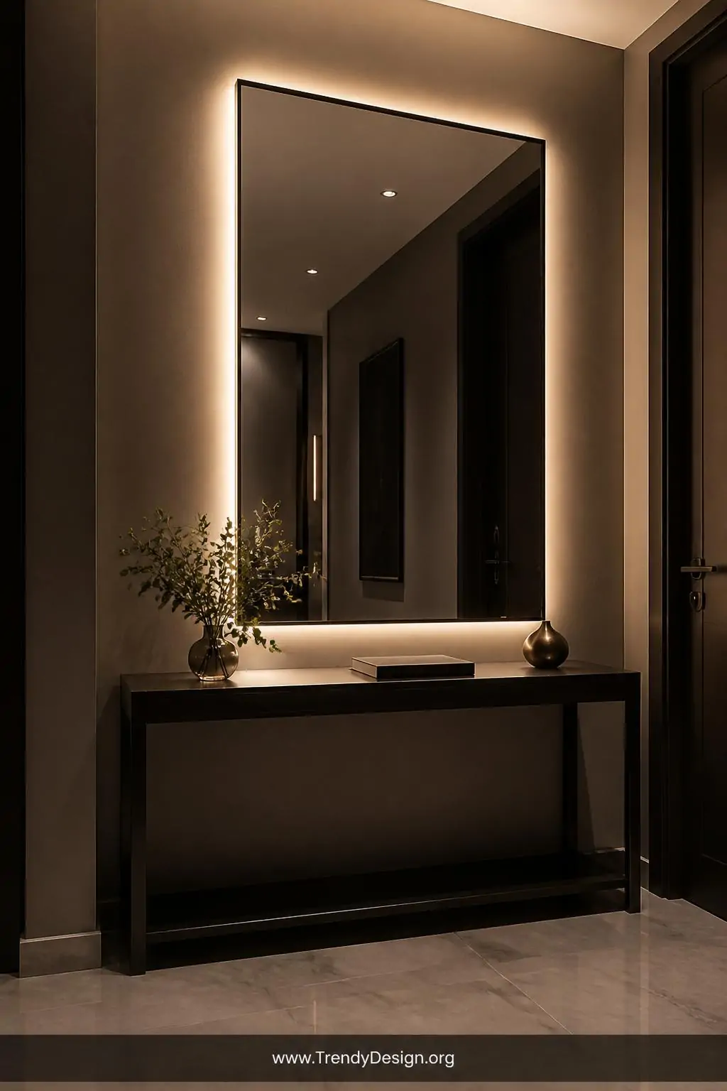 Large rectangular backlit LED mirror mounted on a narrow hallway wall, soft halo glow reflecting warm light across dark moody walls and a sleek black console table beneath it, medium shot, photorealistic interior design.