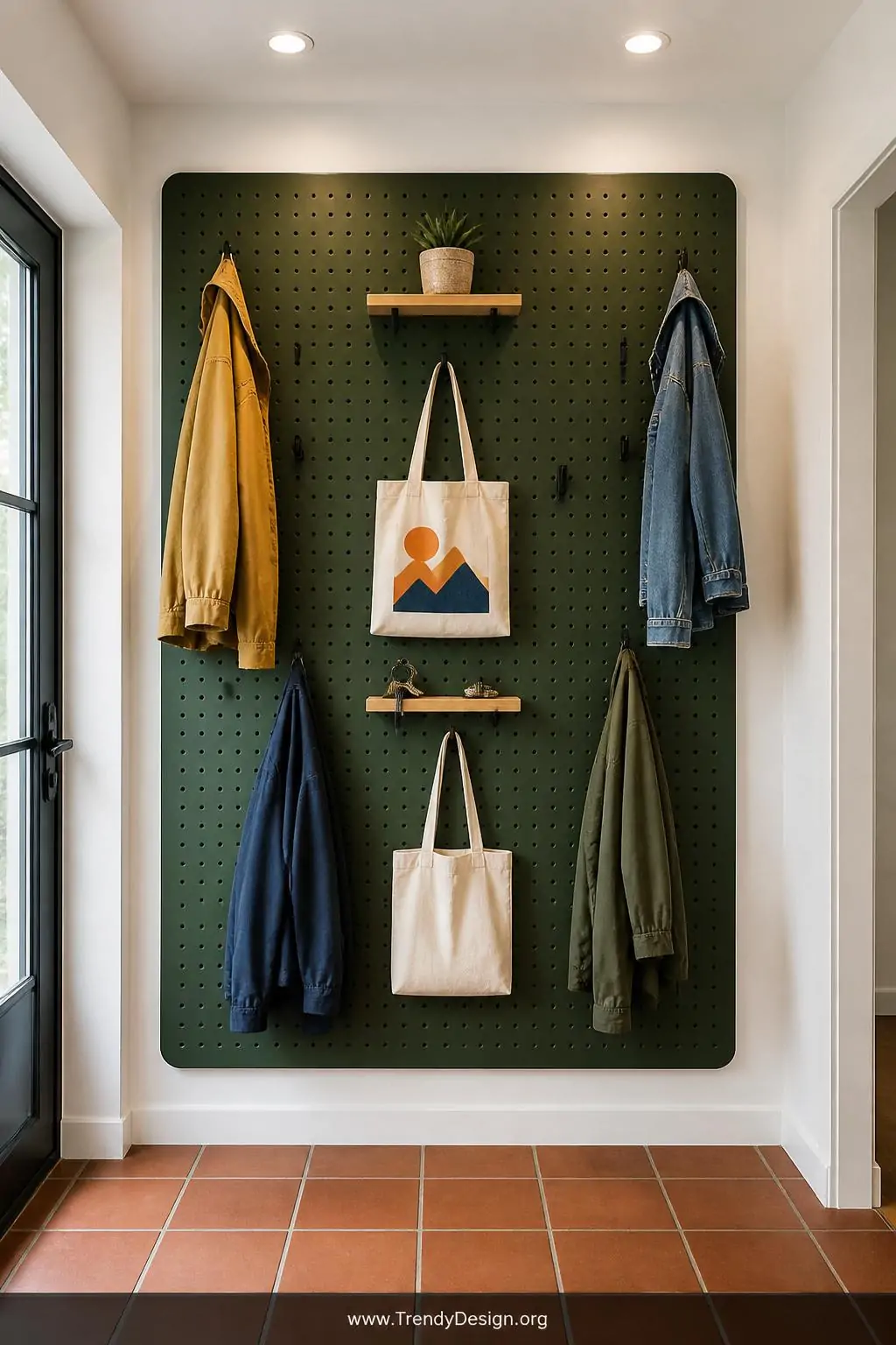 Deep forest green pegboard mounted on a bright white entryway wall, rows of matte black hooks at varying heights holding colorful jackets and canvas tote bags, small wooden shelves holding brass keys and a potted succulent, terracotta tile floor below, overhead recessed lighting, medium shot showing full pegboard panel.