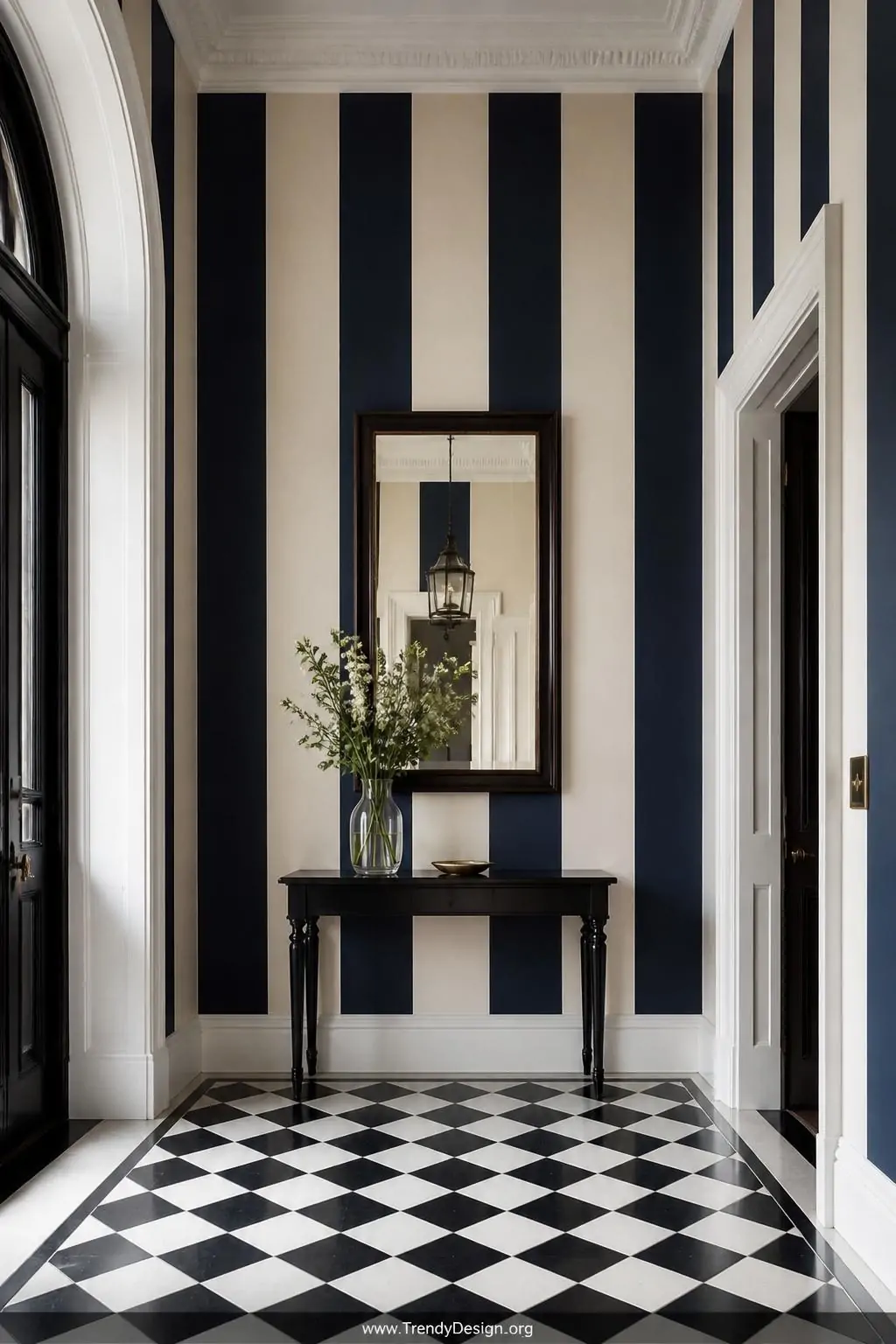 Bold vertical stripe wallpaper in wide alternating navy and cream color blocks in a traditional entrance hallway, timeless classic style — clean architectural lines draw the eye dramatically upward toward a white corniced ceiling, a simple dark-framed rectangular mirror hangs centered between two stripes, a small checkered black and white tile floor visible in the foreground, wide shot emphasizing the full floor-to-ceiling height illusion.