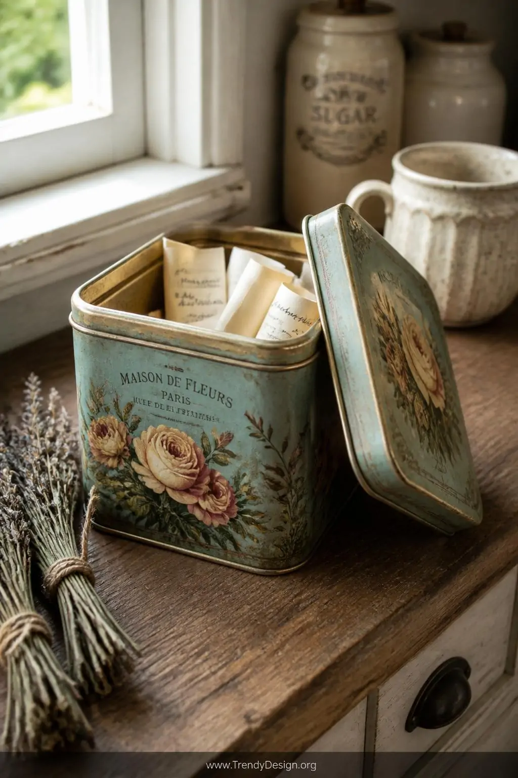 Decorative vintage floral tea tin repurposed as a note box with a fitted lid and cream felt lining visible inside, sitting on a reclaimed wood kitchen counter beside dried herb bundles and a ceramic mug, soft natural window light, closeup shot showing the tin's printed artwork and rolled paper note slips.