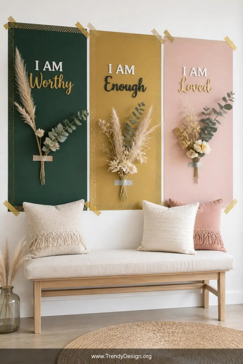Deep forest green, warm gold, and soft blush color-blocked cardstock panels secured with geometric washi tape borders on a white gallery wall above a natural linen bench, layers of dried flowers and bold affirmation cutouts placed across each color section, wide bright airy room shot with soft even diffused daylight.