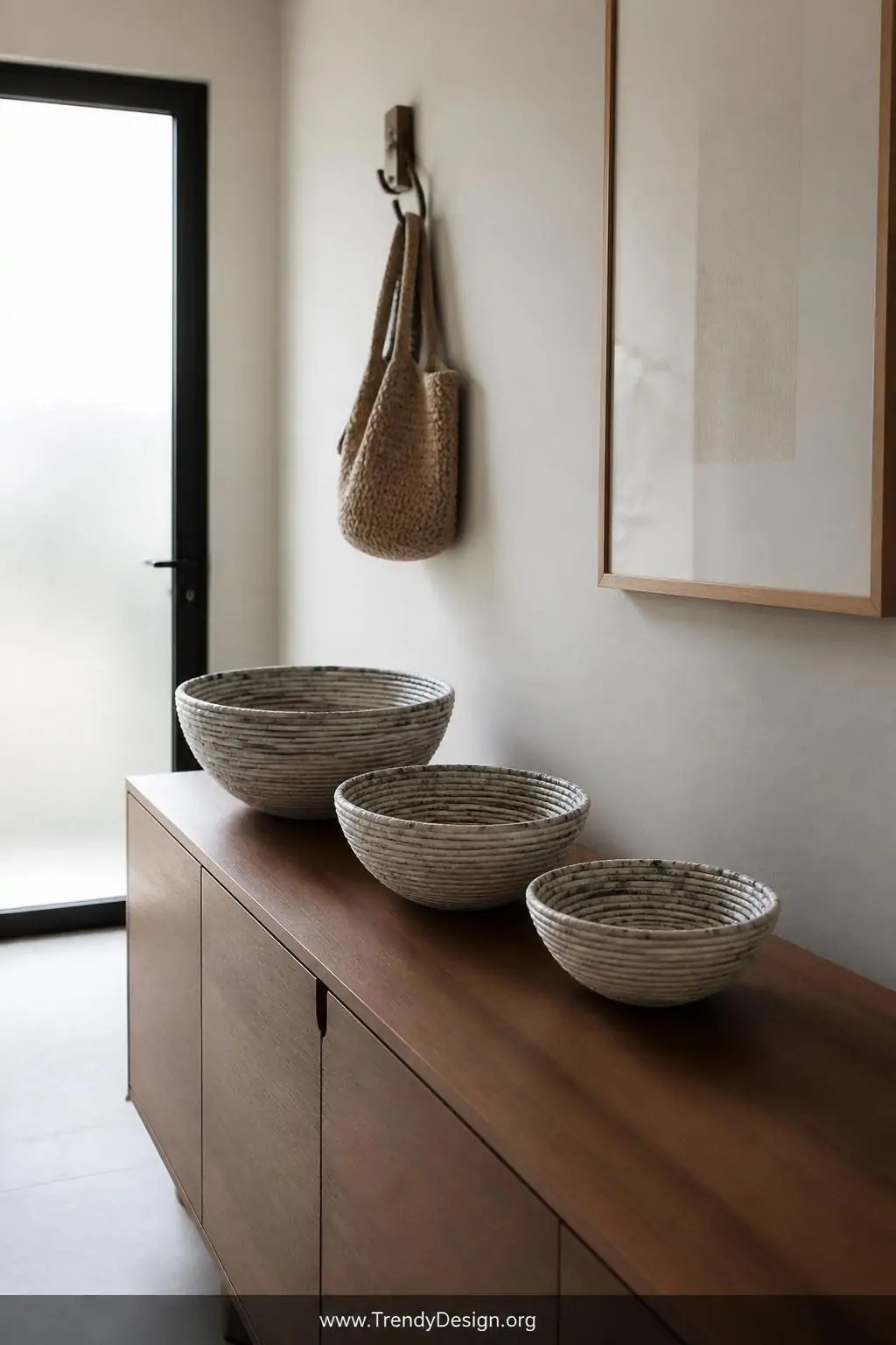 Three coiled magazine tube bowls in graduating sizes styled as a vignette on a walnut console table, Scandinavian minimalist entryway, cool natural light from a frosted window emphasizing the rhythmic spiral texture and handcrafted imperfections of each bowl, wide shot.