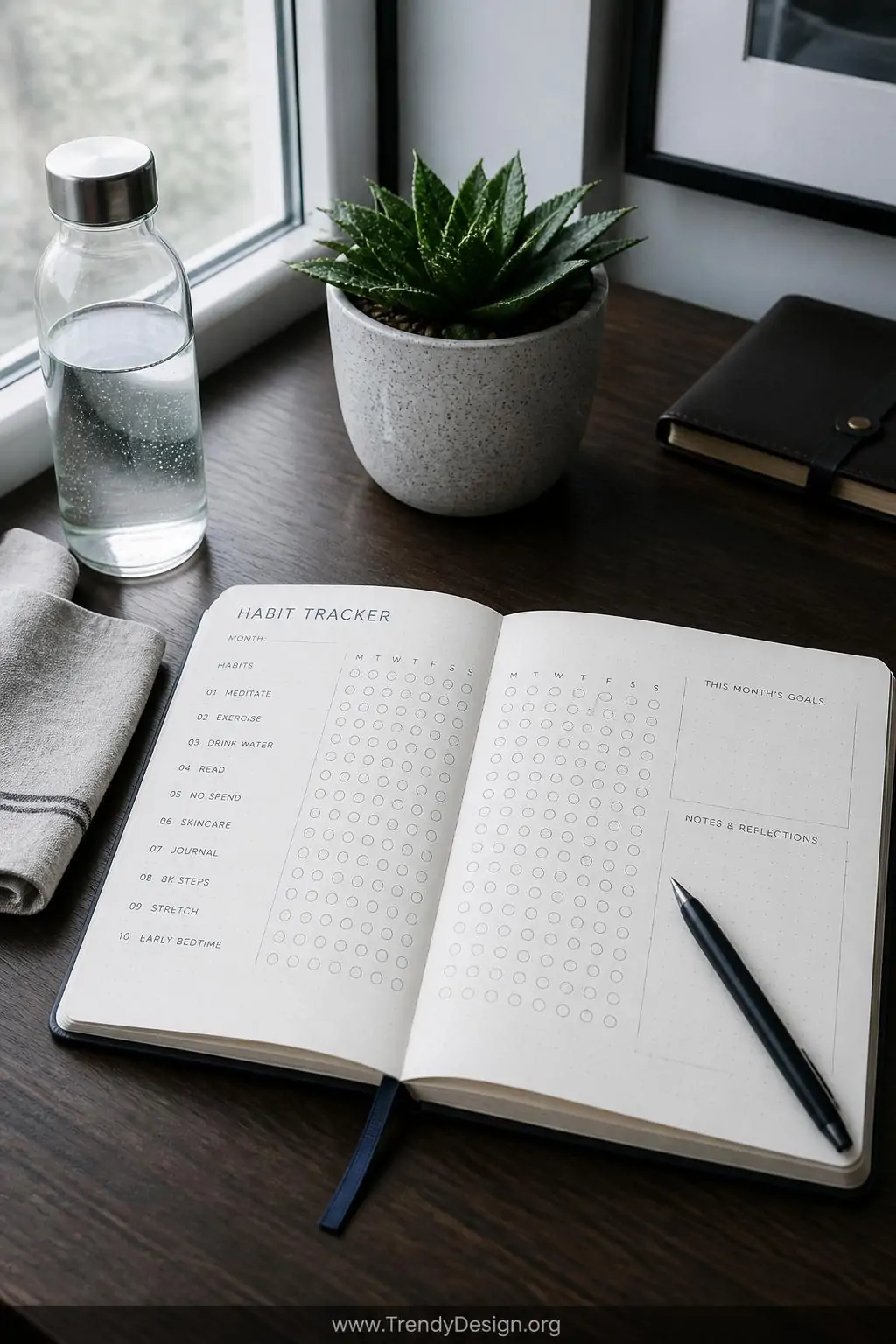 Bullet journal open to a structured habit-tracker hybrid spread with clean numbered rows and small empty circles in columns beside each day, designed in a muted palette of slate blue and warm gray ink, lying on a dark walnut desk beside a glass water bottle, folded linen cloth, and a potted succulent, cool natural morning light from a side window, wide shot capturing the organized desk vignette and journal together.