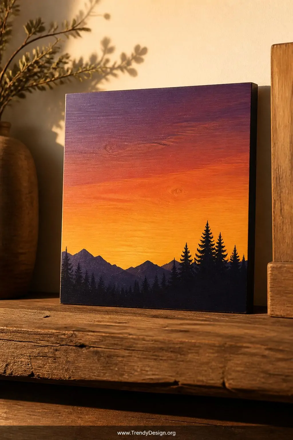 Small gouache landscape painting on a wooden panel displayed on a rustic mantel, layered sunset sky graduating from deep purple through burnt orange to warm yellow with silhouetted pine tree and mountain shapes in dark navy along the bottom edge, wood grain subtly visible through thin paint layers, golden hour side lighting, closeup shot.