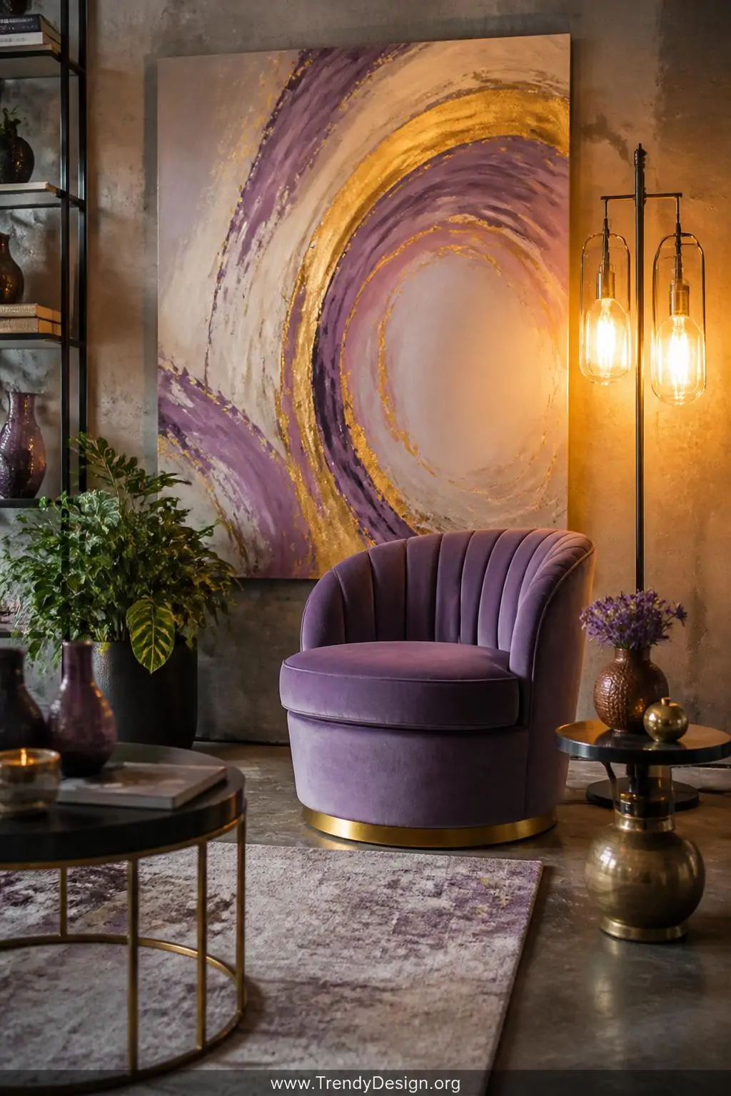 Large gestural brushstroke canvas with sweeping lavender and gold arcs hanging as a statement piece behind a curved velvet accent chair in an eclectic living space, wide shot, warm Edison bulb floor lamp casting a golden glow across the expressive textured marks, photorealistic interior design, no people.