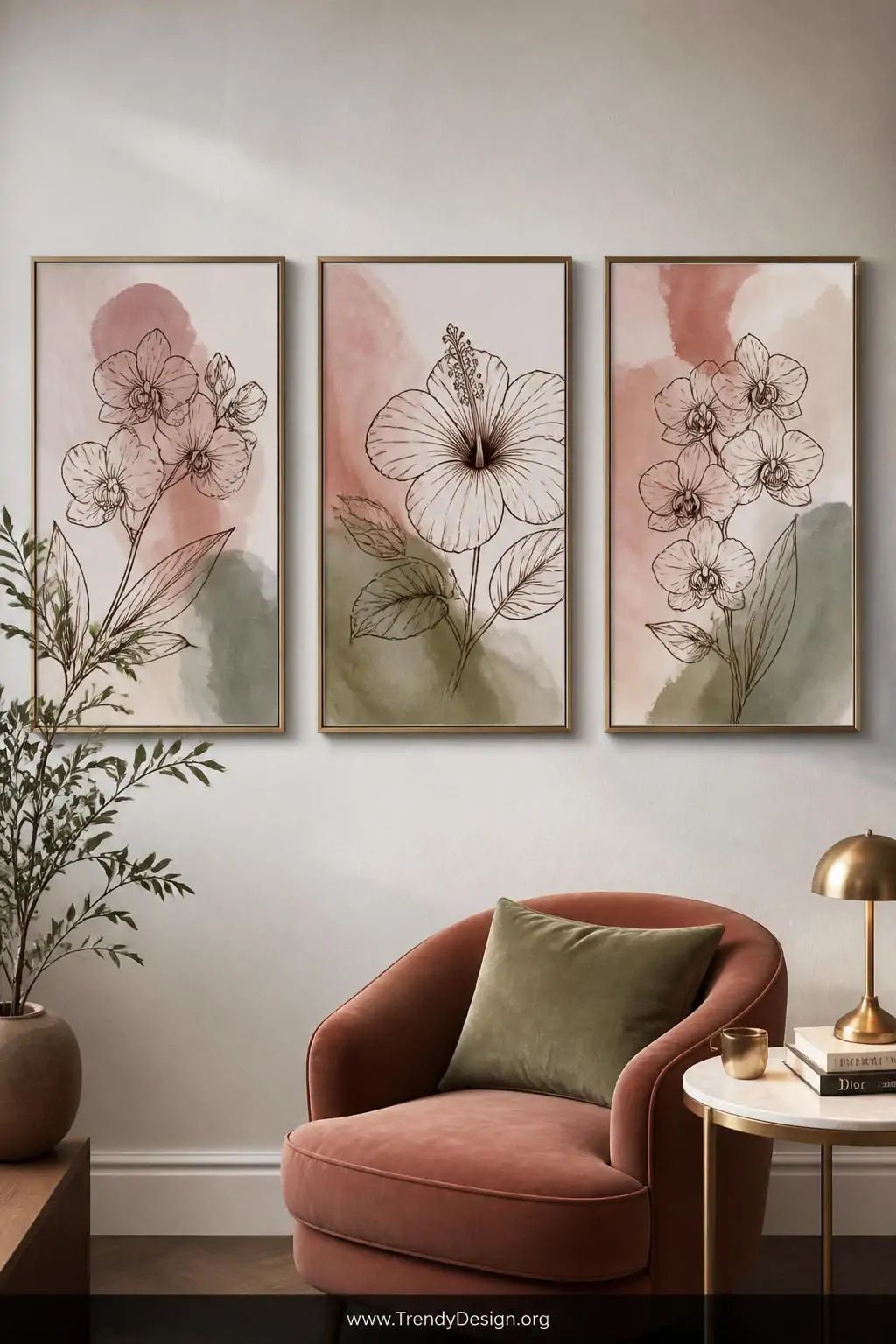 Triptych of botanical ink line drawings with soft watercolor washes in dusty rose and sage displayed gallery-style on a white plaster wall above a velvet reading chair, crisp hibiscus and orchid outlines floating over fluid painted backgrounds in matching slim brass frames, soft ambient light, medium shot.