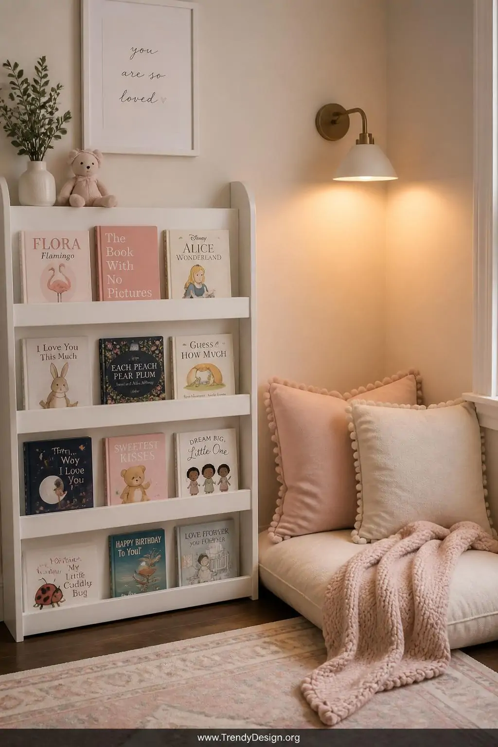 Forward-facing white picture book display shelf beside two oversized blush and ivory floor cushions tucked into a cozy corner of a toddler girl's room, soft wall-mounted reading light casting a warm amber glow above, a small knit throw blanket draped over one cushion, medium shot capturing the intimate sanctuary feel, cozy reading nook style, photorealistic interior design.