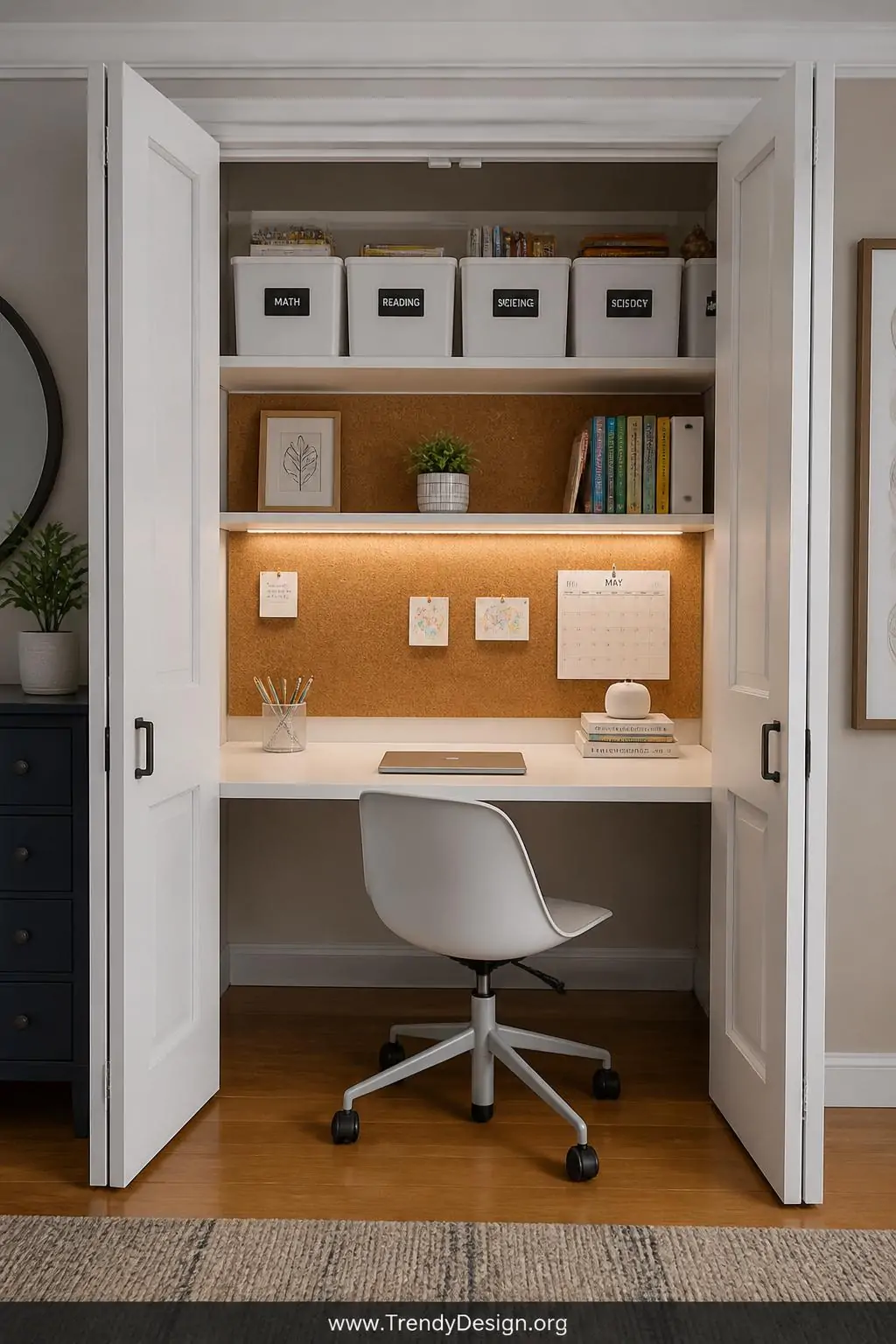 Fold-down white lacquer desk mounted inside a converted closet with open bifold doors revealing corkboard walls and labeled subject bins on upper shelves, kids study command center, contemporary style, mounted LED strip lighting illuminating the interior workspace, medium shot showing the complete open closet nook setup, photorealistic interior design.