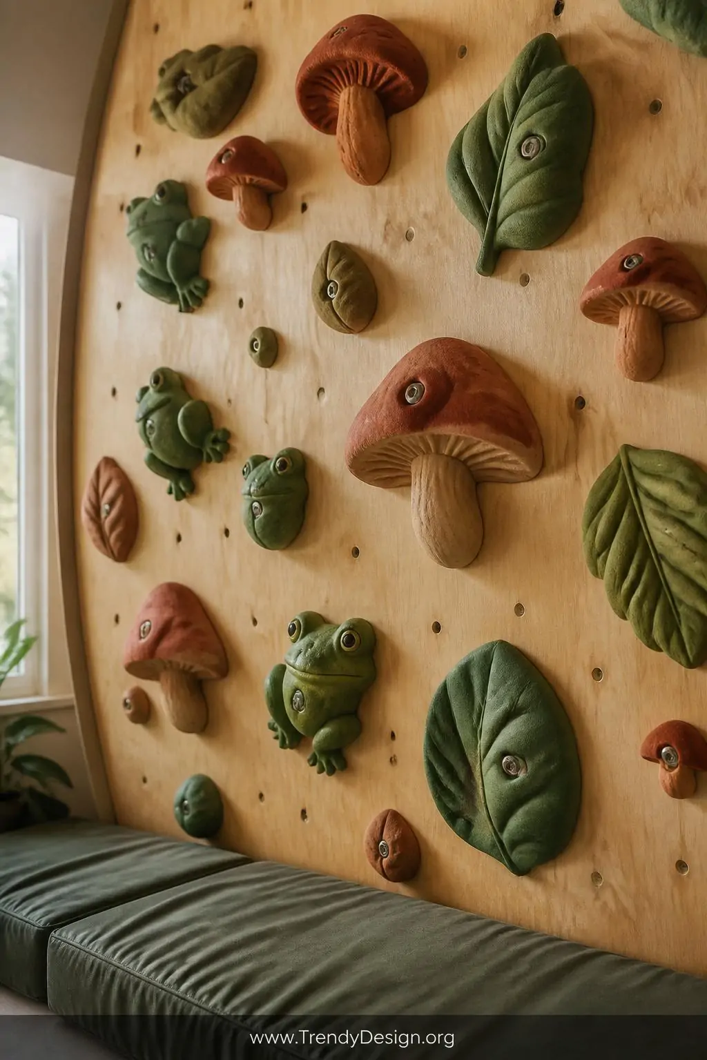 Closeup of nature-themed climbing wall rock hold grips shaped like mushrooms, leaves, and frogs bolted onto a plywood panel in rich earthy greens and terracotta, thick foam crash mat visible at the base, warm natural daylight from a nearby window highlighting the texture of the wooden backing, photorealistic interior design.