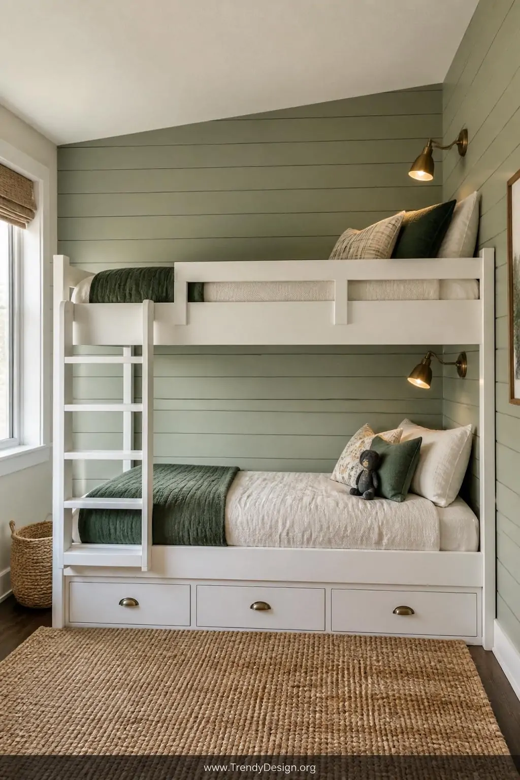 Soft sage green painted shiplap wood plank accent wall behind a white twin bunk bed dressed in cream and forest green linen bedding, warm brass wall-mounted reading lights on each bunk, a woven jute rug anchoring the floor below, wide shot capturing the full textured wall from corner to ceiling, photorealistic interior design.