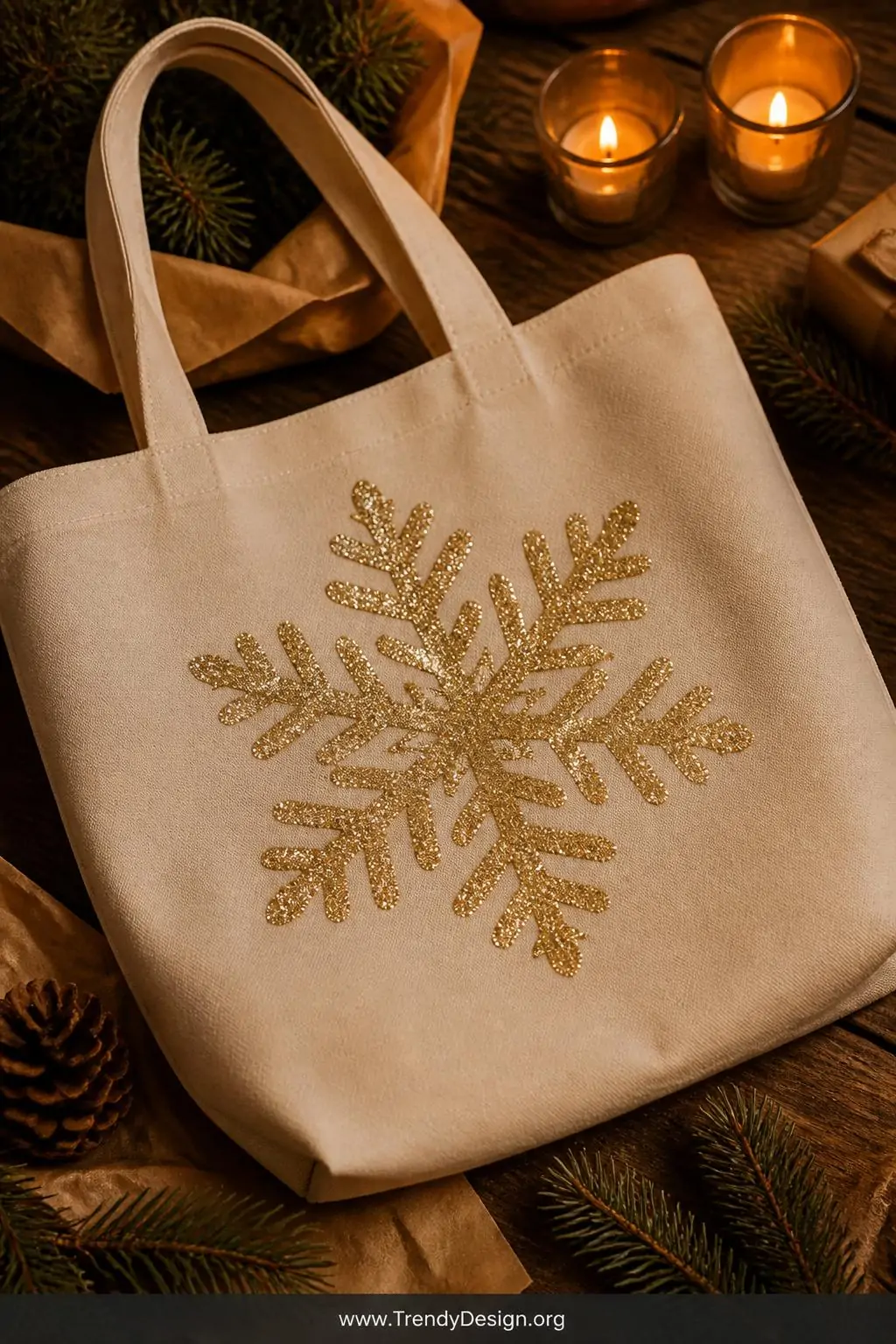 Sparkly champagne glitter HTV snowflake holiday tote bag nestled among pine sprigs and kraft paper on a dark walnut farmhouse table, warm candlelit golden glow, closeup shot capturing glitter vinyl catching the light with festive luxurious shimmer.