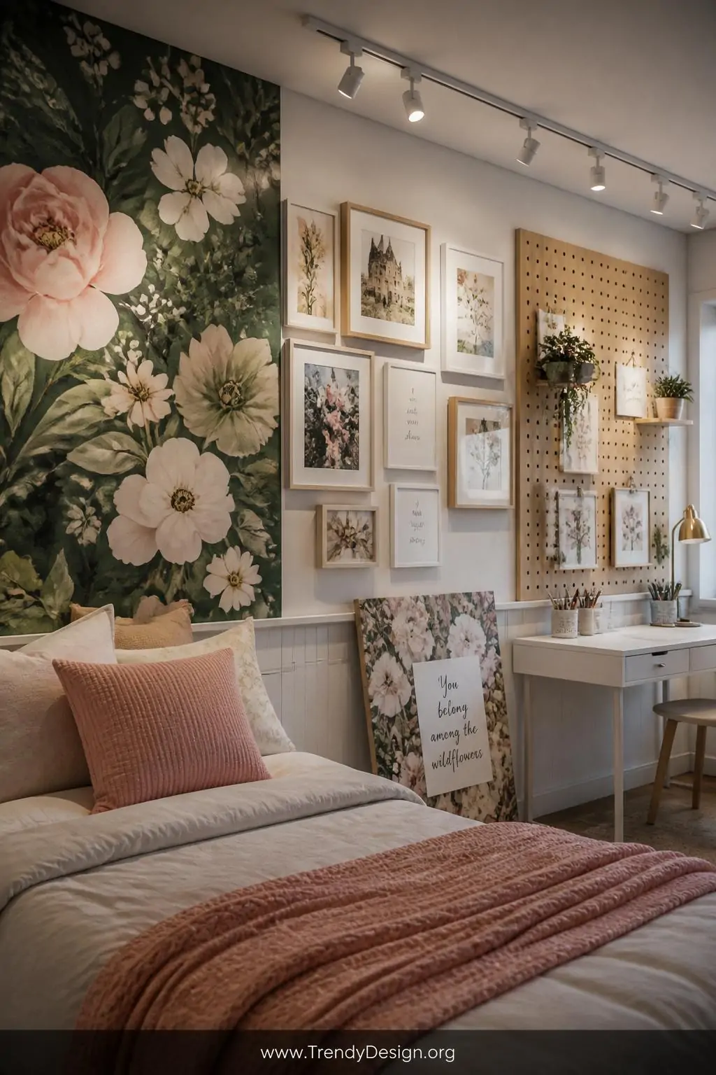Wide-angle photorealistic interior design shot of a girls bedroom accent wall featuring lush botanical removable wallpaper pa