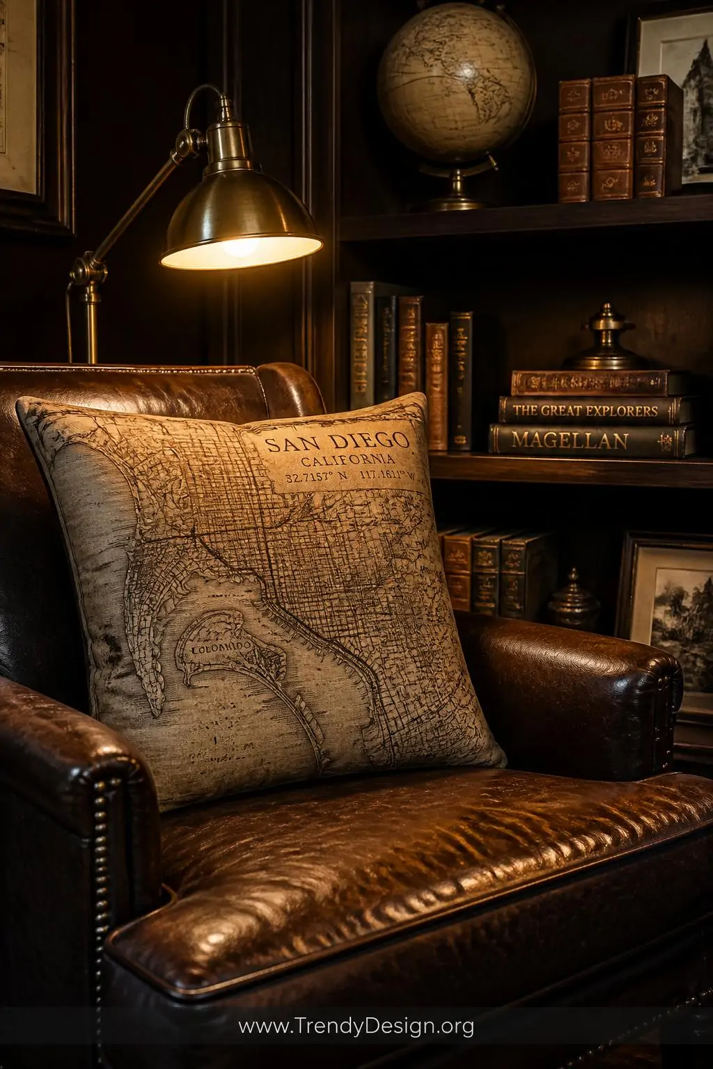 Vintage sepia-toned map pillow with sharp intricate city street details propped in a leather reading chair beside a dark wood built-in bookshelf, warm amber library lamp light illuminating aged coordinates text and coastline details, medium shot of a cozy travel-themed home office nook with a brass globe and stacked antique books.