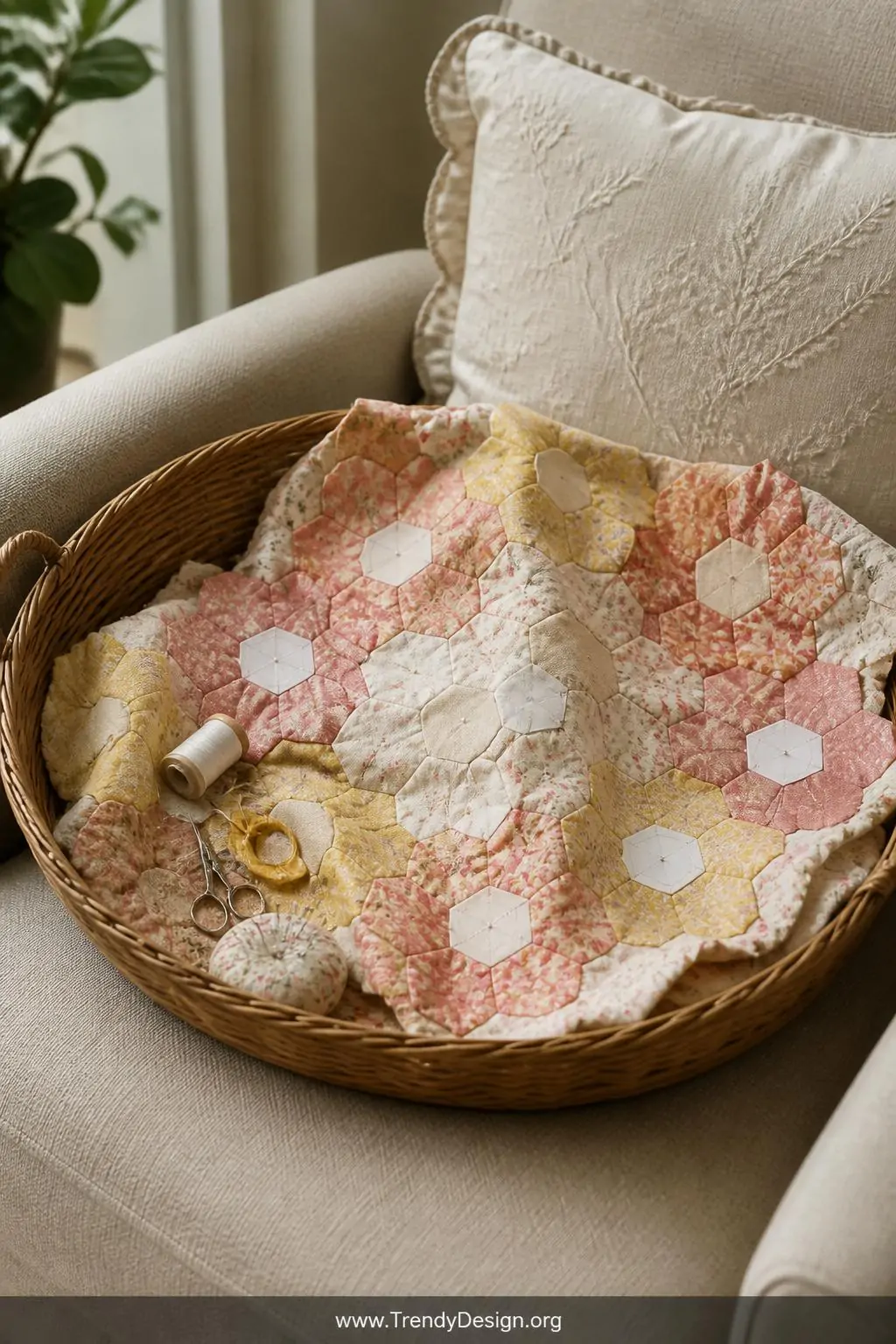 Hexagon flower baby quilt hand-stitched in progress inside a woven rattan basket on a linen armchair, soft ambient afternoon light, closeup showing delicate grandmother's flower garden hexagons in blush coral and buttercup yellow surrounding cream center pieces with paper basting templates still visible.