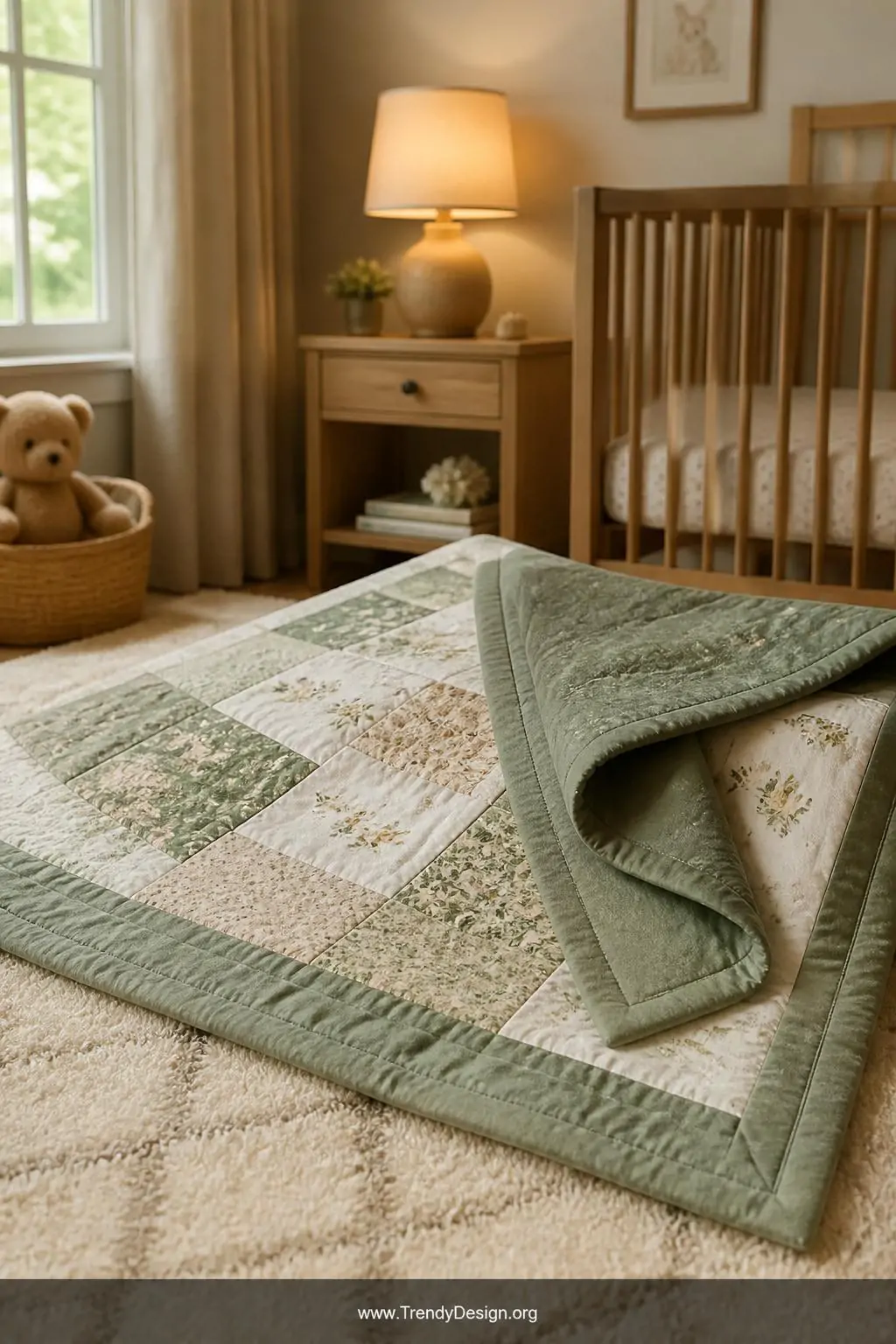 Self-binding in a wide soft sage green flannel folded neatly from the oversized quilt back to the front and hand-stitched down on a cozy baby quilt laid on a plush cream nursery rug, soft warm lamp glow, medium shot showing the coordinated frame of backing fabric wrapping cleanly around the quilt edge.