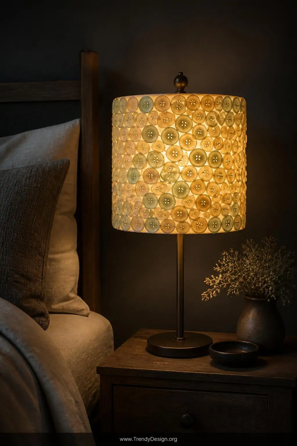Fabric lampshade on a bedside nightstand densely covered in translucent pale amber and sea-glass green buttons glowing jewel-like from the warm lamp light beneath, dark moody bedroom with linen bedding and wood nightstand, medium shot capturing the magical light diffusion through the buttons.