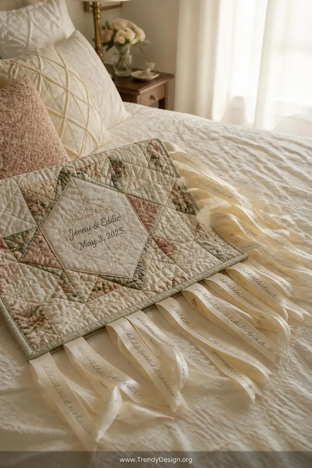 Finished wedding quilt block with cascading ivory grosgrain ribbon tags stitched neatly into the seam, flowing loosely across antique white bedding in a romantic bedroom with sheer curtains diffusing golden afternoon light, medium shot capturing the dimensional texture of handwritten ribbon labels curling softly against the pieced fabric surface