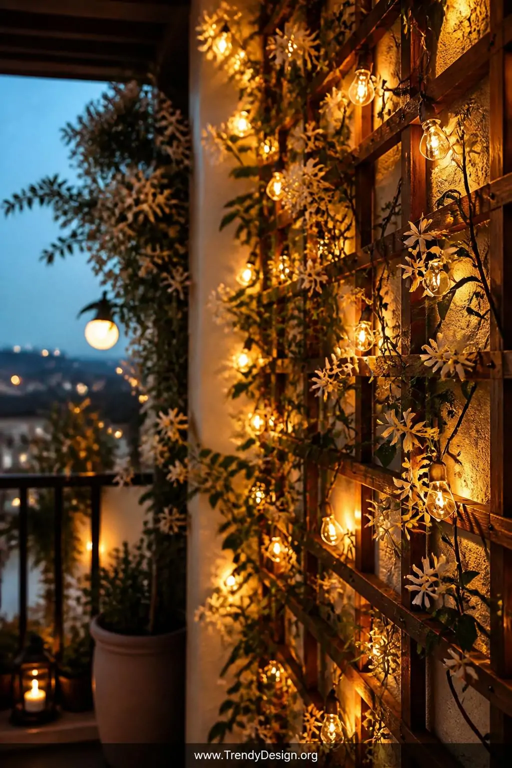 Wooden trellis panel woven with warm Edison string lights and tangled jasmine vines against a balcony wall at dusk, medium shot, enchanted garden style — creamy white blossoms catching the amber glow, dark green climbing stems threading between glowing bulbs, soft bokeh effect dissolving the background into warm golden light, photorealistic interior design.