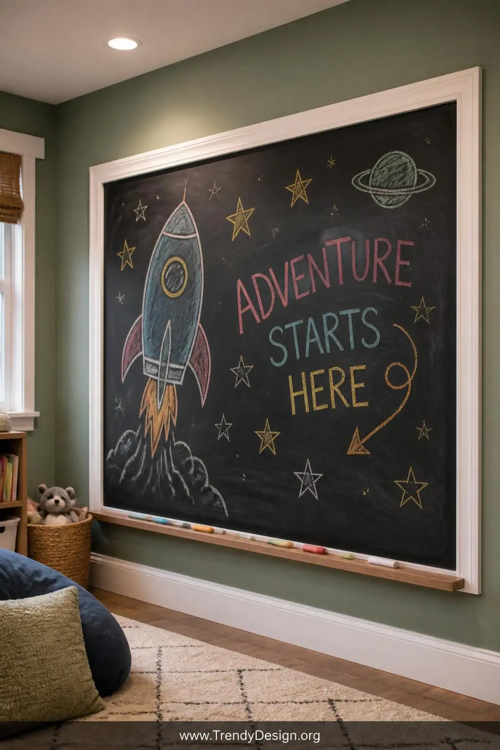 Closeup photorealistic interior shot of a dedicated corner of a children's playroom featuring a large rectangular chalkboard 