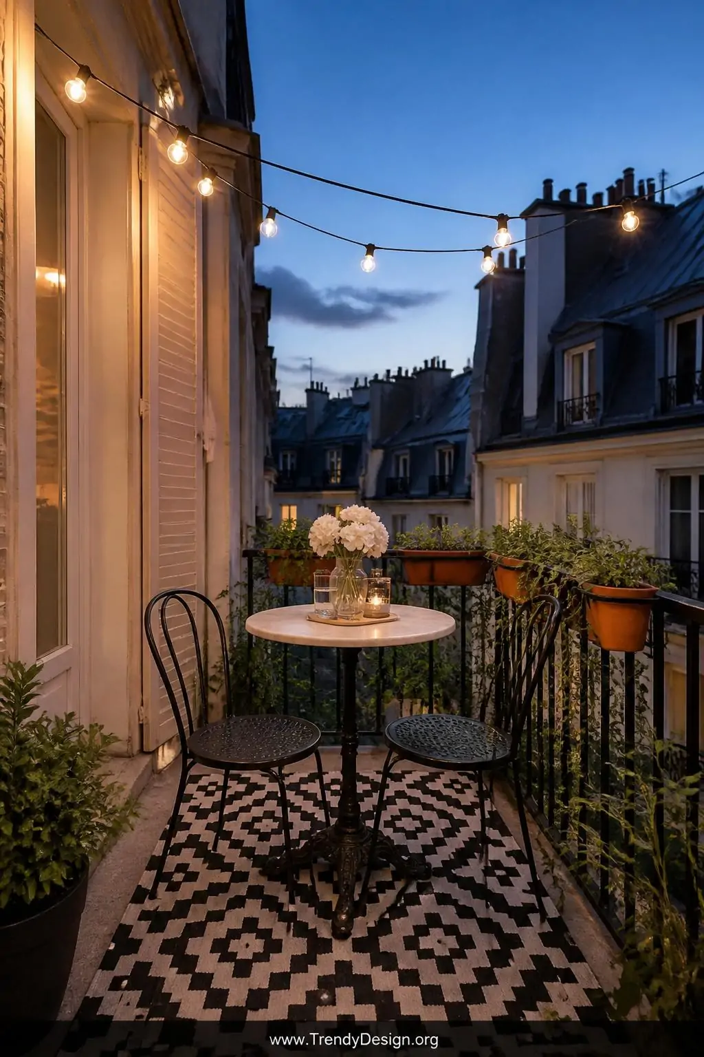 Small round white bistro table paired with two slim black café chairs on a compact apartment balcony, bold geometric black and white outdoor rug underneath, string lights draped overhead glowing warmly at dusk, terracotta pots of trailing herbs along the railing, medium shot of a charming Parisian-inspired small-space setup, photorealistic urban style.