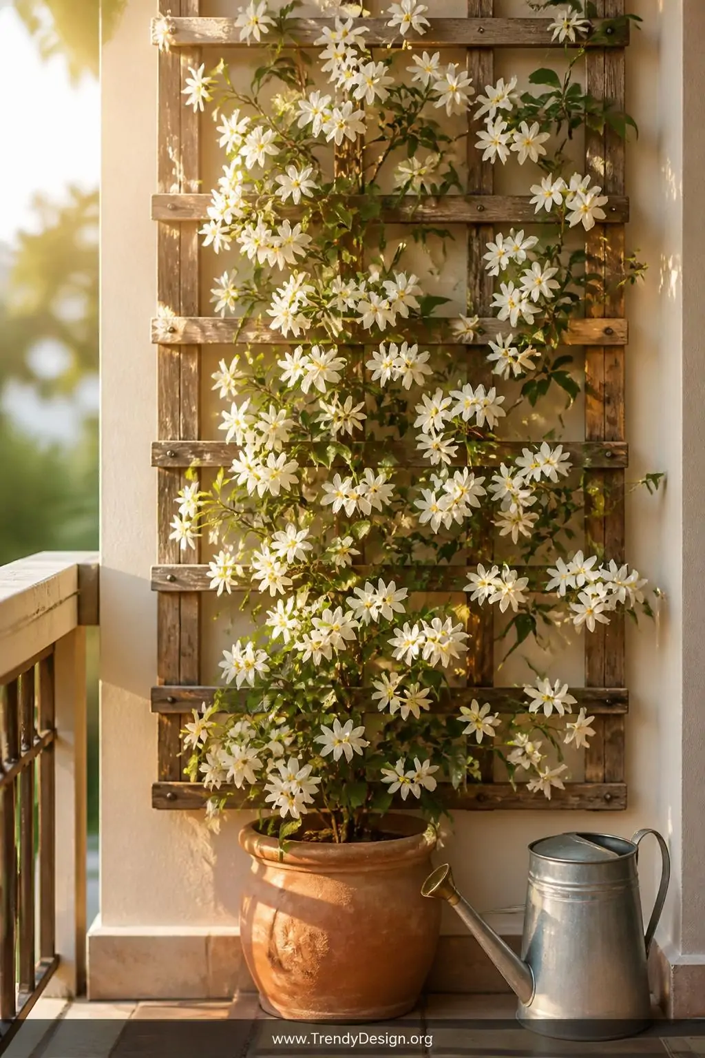 Wooden vertical garden trellis wound with flowering jasmine vines in full bloom, balcony wall, romantic cottage style, creamy white blossoms threaded through a weathered natural wood grid mounted above a terracotta planter, soft warm late-afternoon backlight glowing through the petals, a small watering can on the floor beside it, closeup shot.