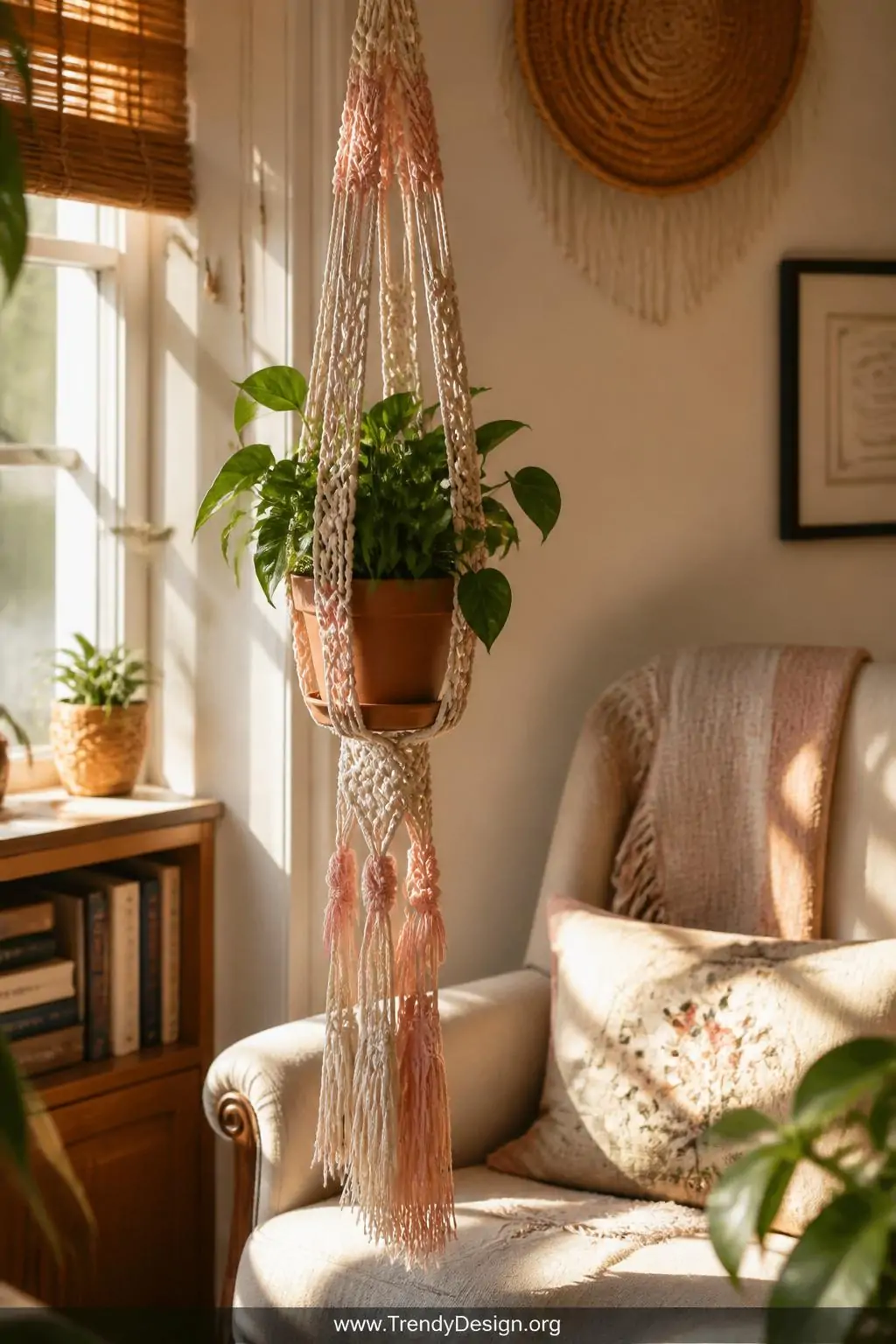 Delicate embroidery floss knotted plant hanger suspending a small terracotta pot in a sun-drenched reading nook, bohemian bedroom corner, intricate square-knotted cream and blush floss bundles cascading beside a linen armchair, warm afternoon light, medium shot.