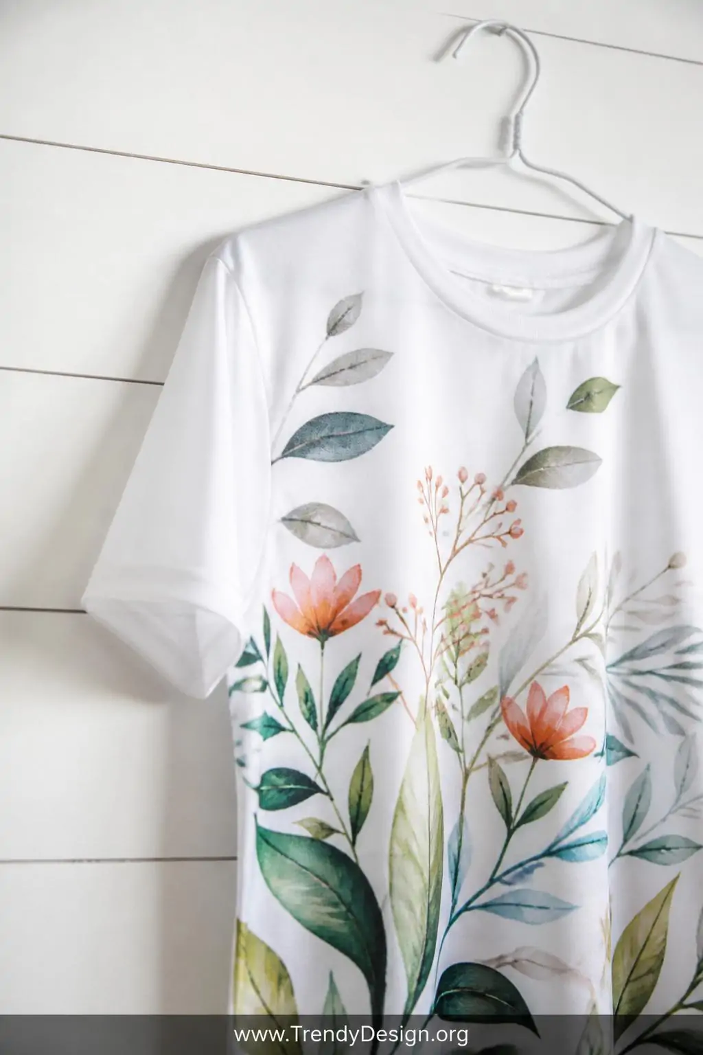 Soft white high-polyester t-shirt with a vibrant botanical illustration fused seamlessly into the fabric using Infusible Ink, smooth finish with zero vinyl texture, displayed on a minimalist white wire hanger against a clean shiplap wall, soft diffused natural lighting, closeup detail shot