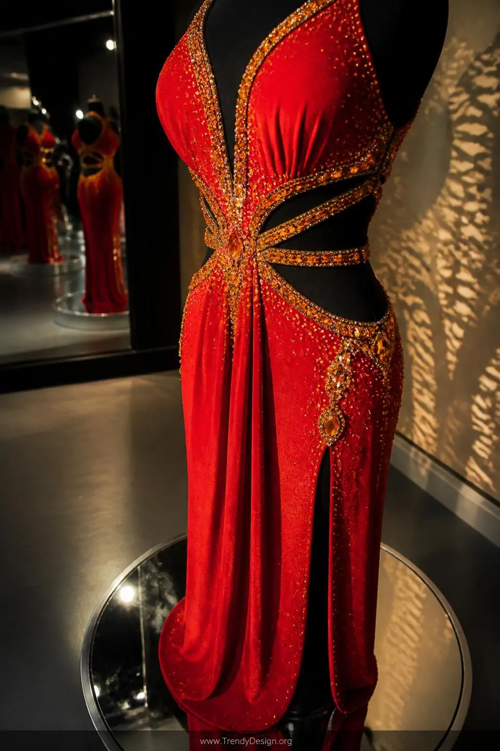 Red Latin dress with cutout waist panels framed by gold citrine and topaz rhinestones arranged on a mirrored display stand, sleek competition dressing suite, closeup with dramatic side lighting casting jeweled shadows across the open fabric cutouts.