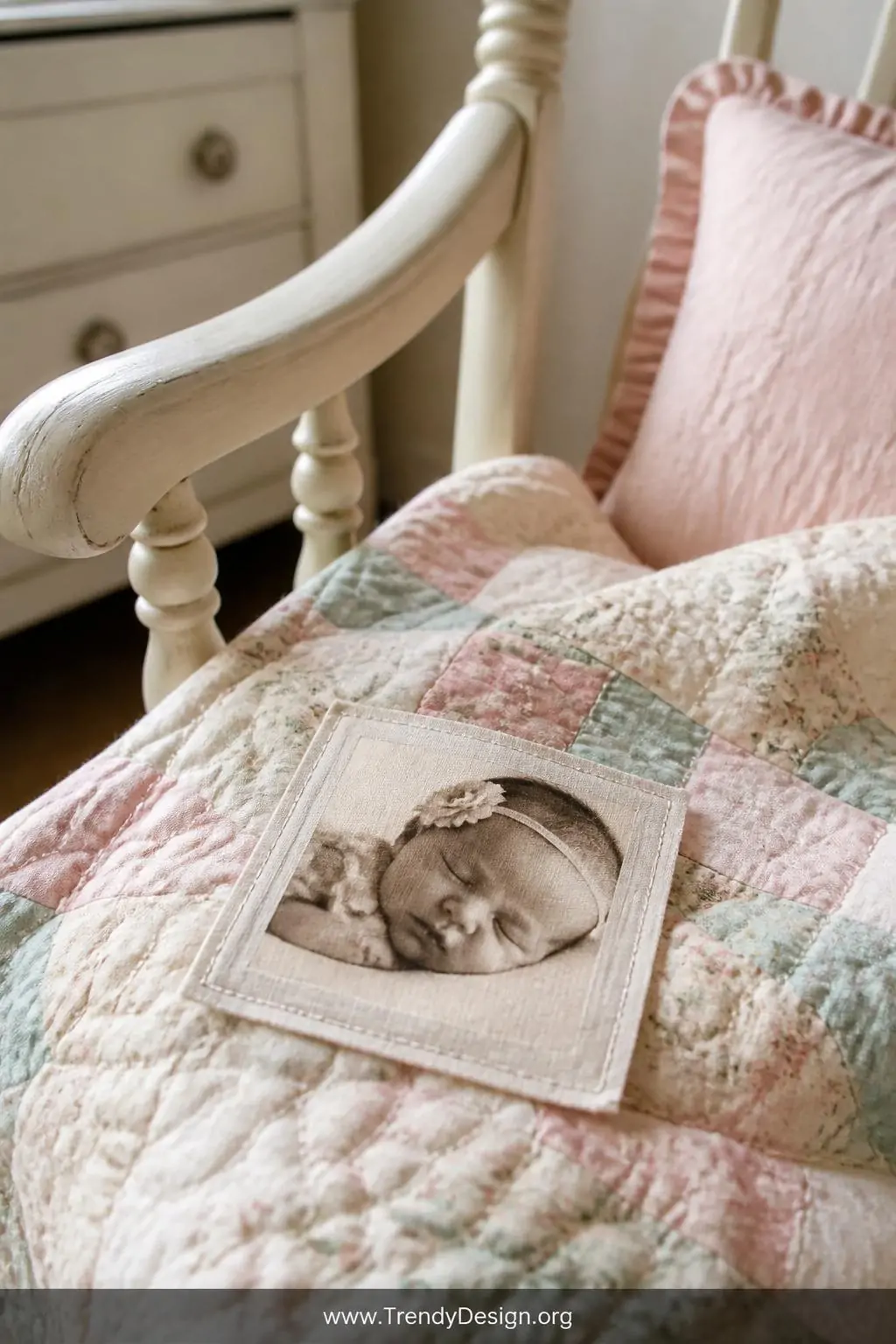 Small square fabric photo transfer label showing a faded sepia-toned newborn photograph printed onto ivory cotton, resting atop a pastel patchwork baby quilt on a nursery rocking chair, soft diffused morning light, closeup shot revealing delicate fabric texture and sentimental photographic detail, photorealistic interior design.