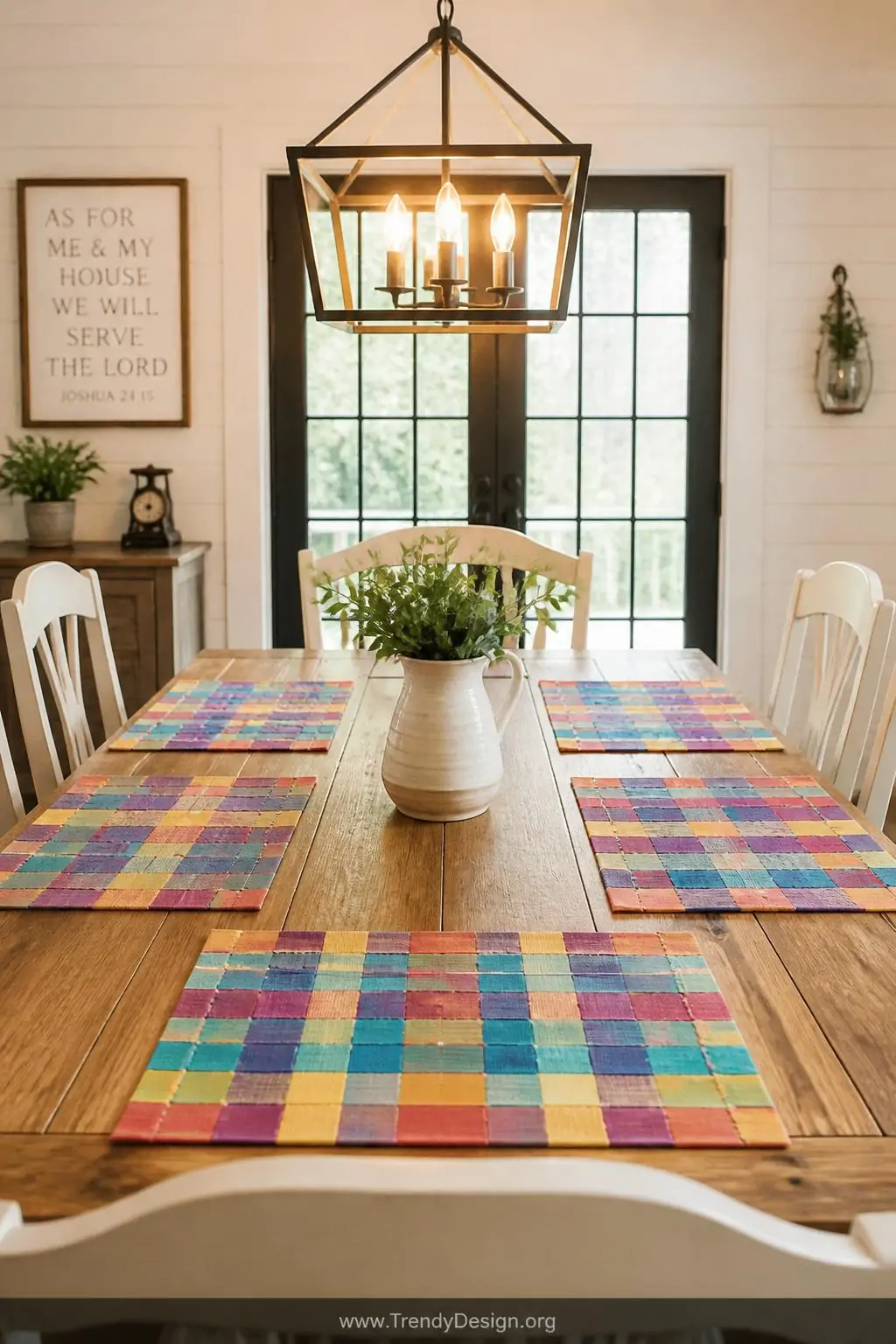 Set of woven construction paper placemats in rainbow interlocking strips of teal, yellow, red, and violet arranged neatly on a farmhouse dining table with natural wood surface, laminated finish catching the warm overhead pendant light, wide shot