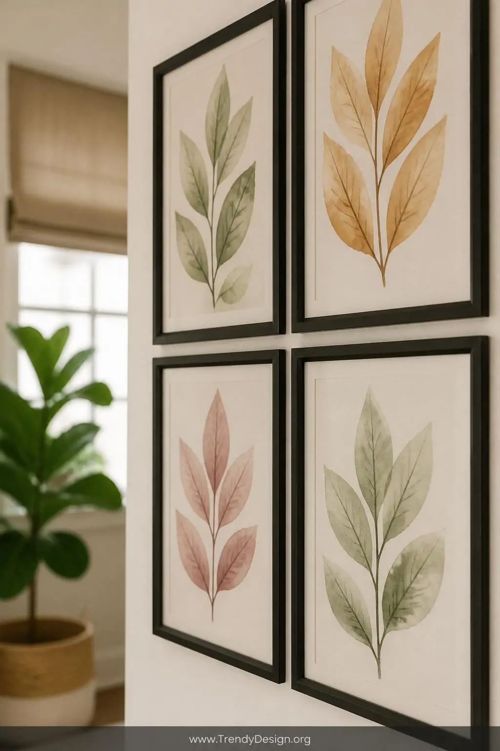 An extreme closeup of four identical black-framed botanical watercolor prints arranged in a tight grid on a warm white wall d