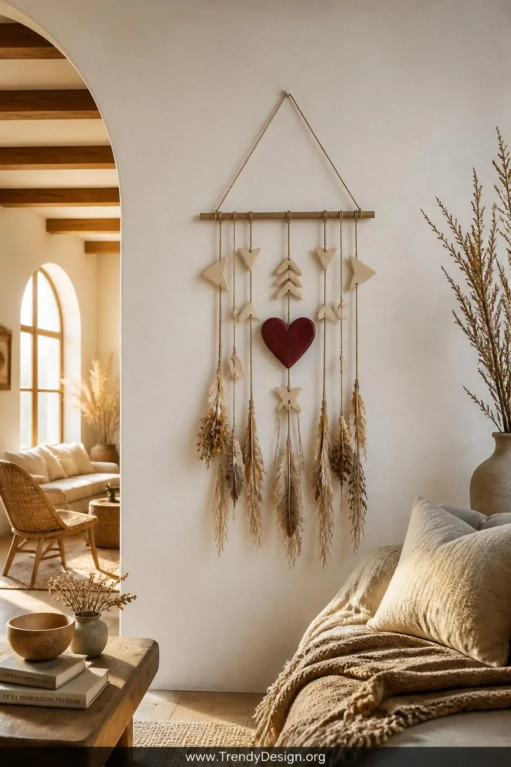 Salt dough arrow and burgundy heart wall hanging assembled with twine fringe dried flowers and feathers on a wooden dowel mounted against a whitewashed boho living room wall, golden hour side lighting, wide shot.