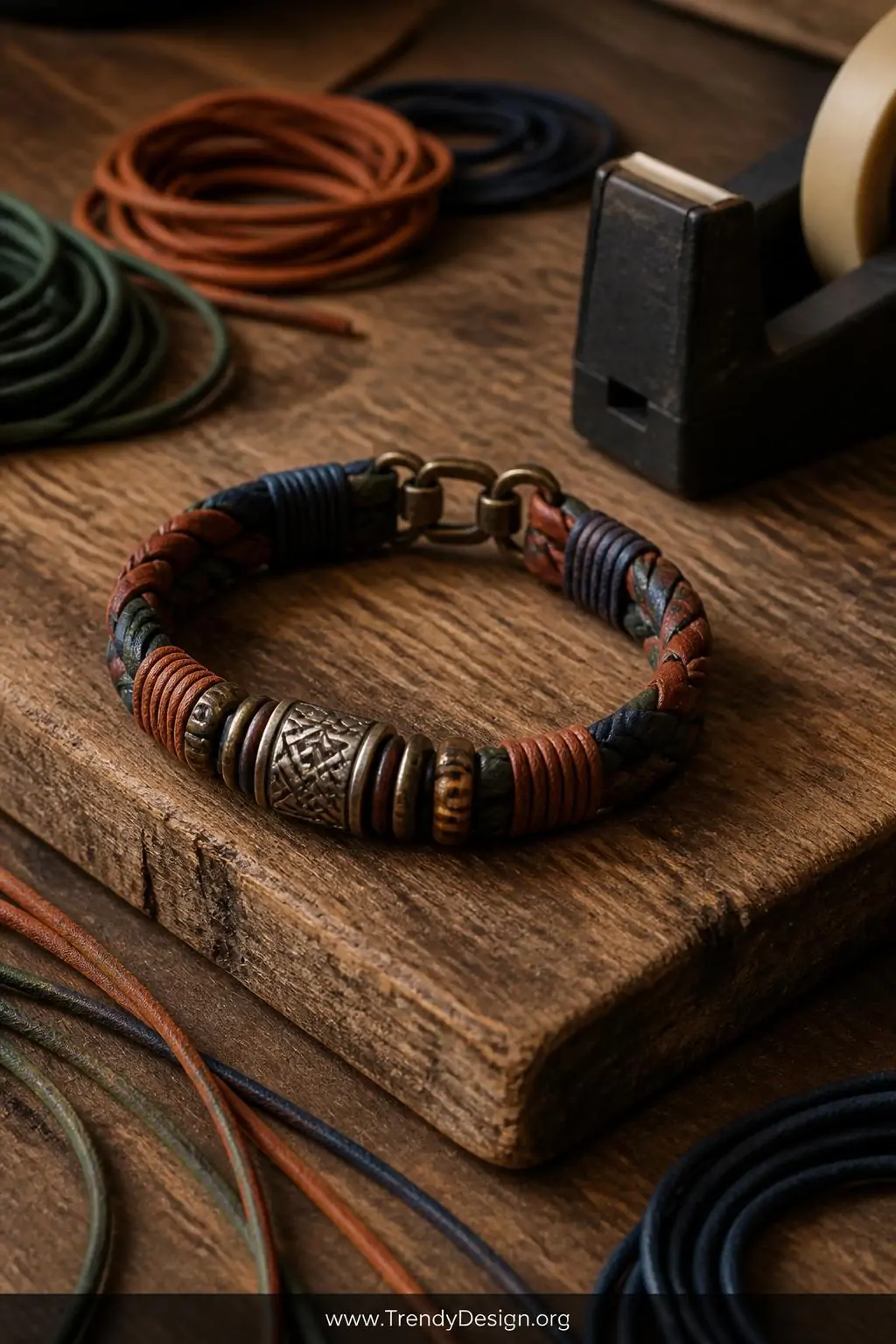Braided leather cord Viking bracelet in rust, forest green, and navy with small wooden and metal spacer beads, coiled on a rough-hewn wooden surface beside scattered cord strands and a tape dispenser, warm ambient light, closeup.