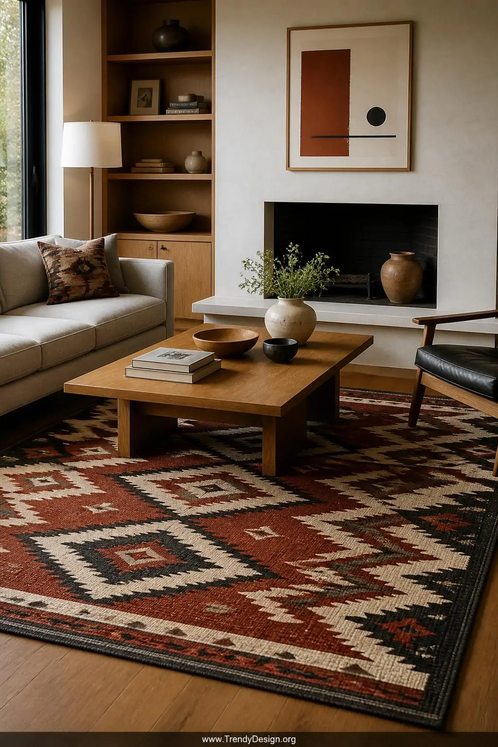 Bold geometric Zapotec hand-woven wool rug in deep terracotta, ivory, and charcoal anchoring a mid-century modern living room beneath a low oak coffee table, natural plant dye patterns sharp and graphic against warm hardwood floors, wide shot with soft ambient light.