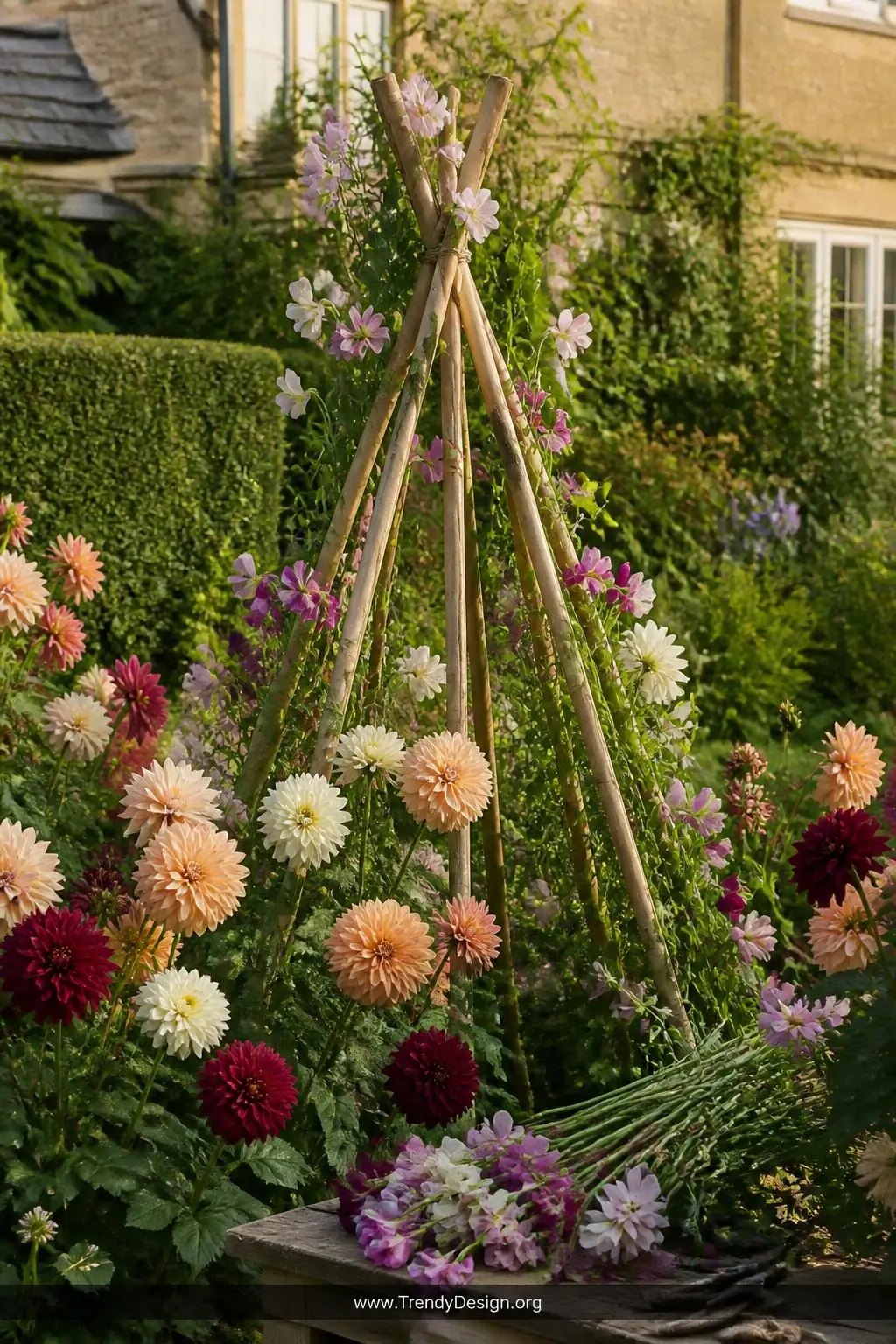Bamboo teepee structure wrapped in fragrant pastel sweet peas beside lush dahlias in creamy white, soft peach and deep burgundy blooms in a cottage cutting garden, warm summer light, freshly cut stems lying nearby, medium shot, photorealistic garden photography.