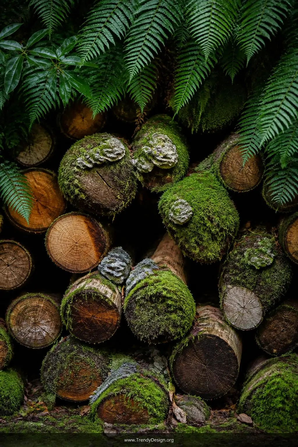 Loosely stacked log pile in a shaded garden corner, bark covered in velvety green moss and pale grey fungi, logs of varying brown and amber tones arranged to leave dark inviting gaps, cool diffused light filtering through overhanging ferns, medium shot showing rich organic textures and earthy tones, photorealistic garden photography.