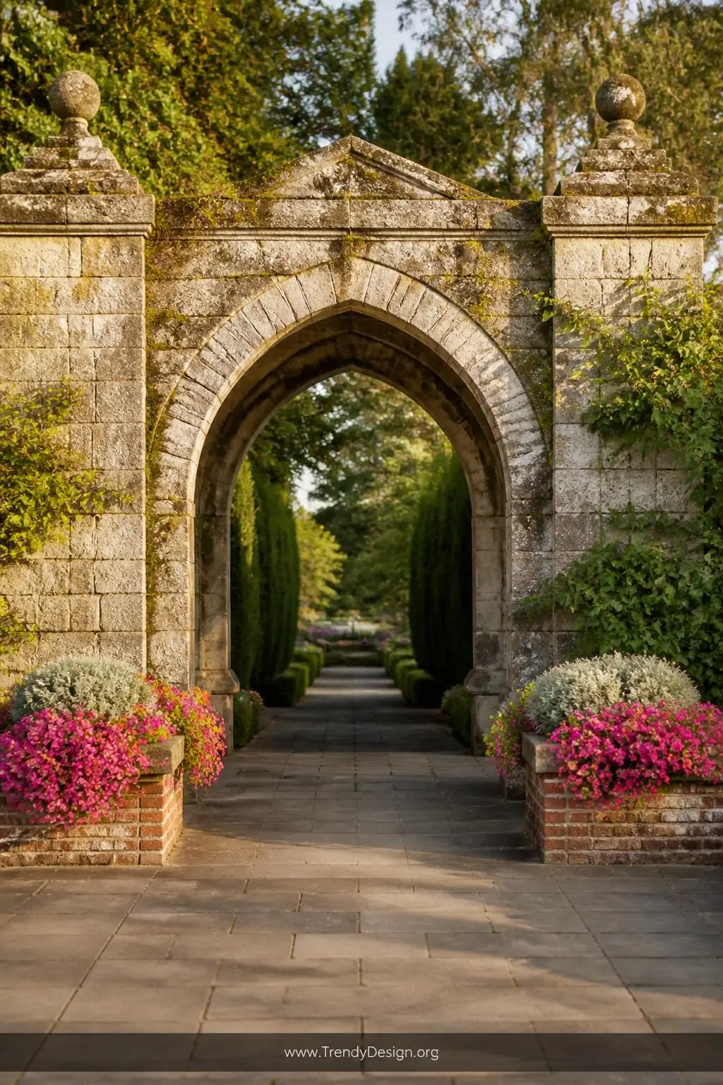Stone and brick garden arch with built-in planter beds in a formal garden entrance, heritage architectural style, aged natural stone blocks with moss creeping into mortar lines framing a wide pathway, integrated low brick planter boxes at each base overflowing with trailing hot pink petunias and silvery dusty miller, soft warm sunlight washing across the rough stone texture and intensifying the flower colors, wide shot emphasizing the grand permanent scale of the structure.