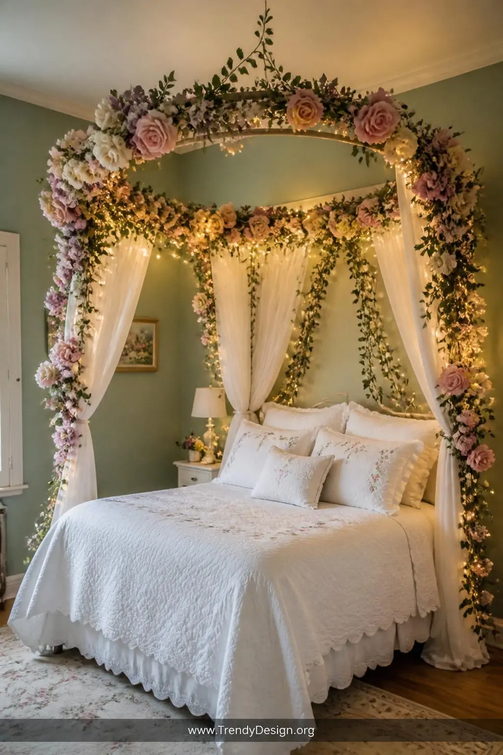 Photorealistic medium shot of a magical children's enchanted garden bedroom featuring a circular embroidery hoop canopy frame
