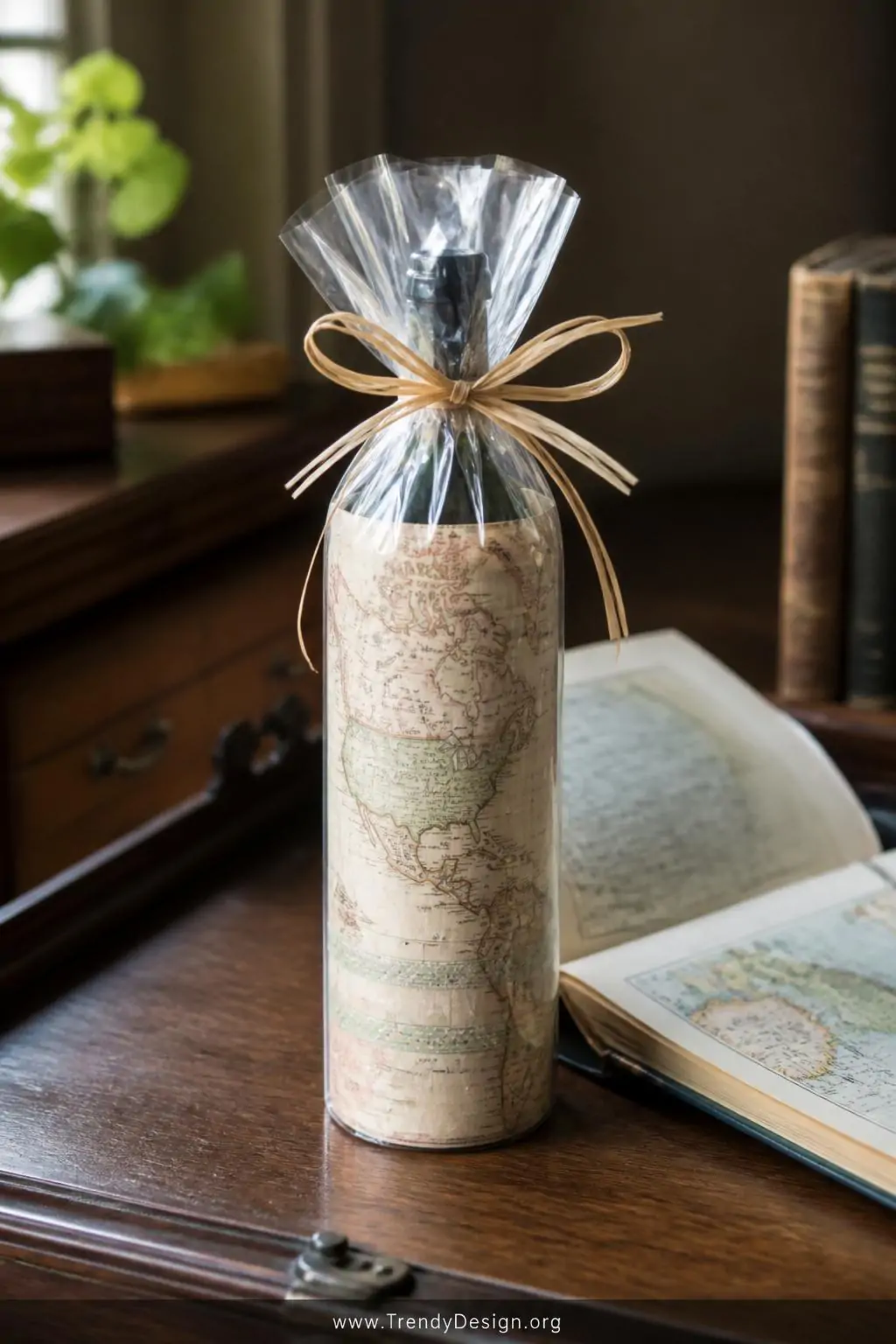 Wine bottle wrapped in vintage map paper secured with washi tape inside a clear cellophane bag tied with a raffia bow, sitting on an antique oak writing desk beside an open atlas, soft diffused window light, closeup shot.