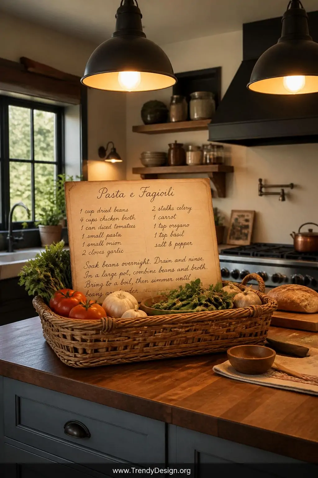 Oversized decorative recipe card in beautiful cursive script propped inside a woven basket filled with fresh ingredients on a butcher block kitchen counter, warm pendant lighting overhead casting golden tones, wide shot, photorealistic interior design