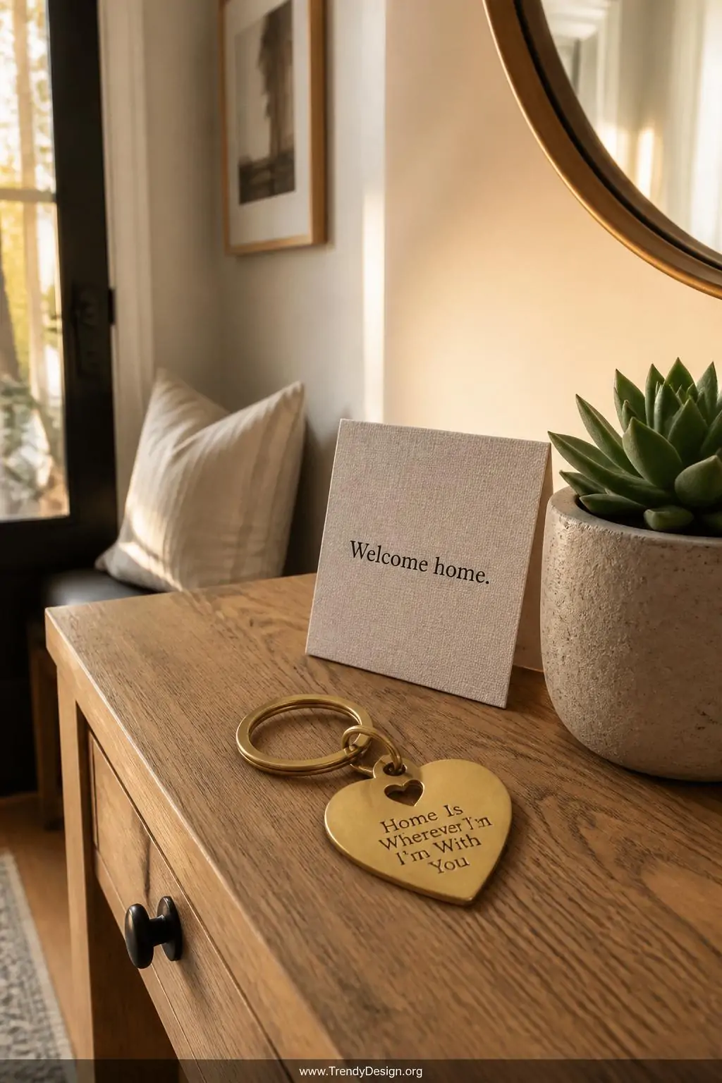 Heart-cutout brass keychain engraved with 