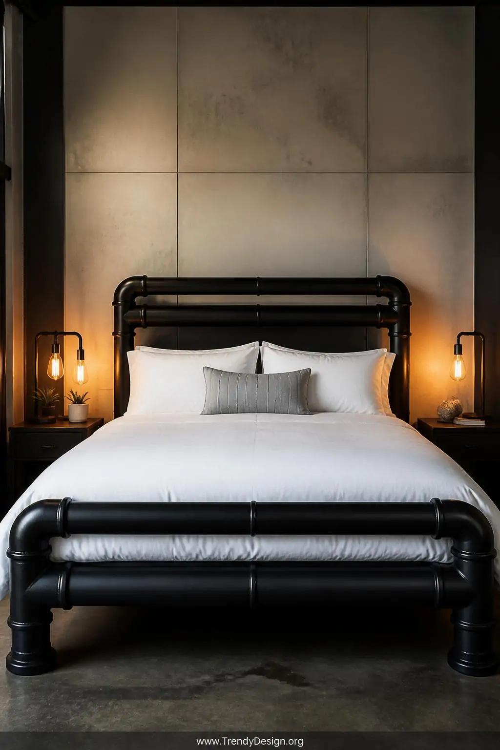 Matte black large-diameter PVC pipe bed frame with crisp white linen bedding in a moody industrial-chic bedroom, warm Edison bulb nightstand lighting glowing against the dark pipes and pale headboard structure, medium shot from foot of bed.