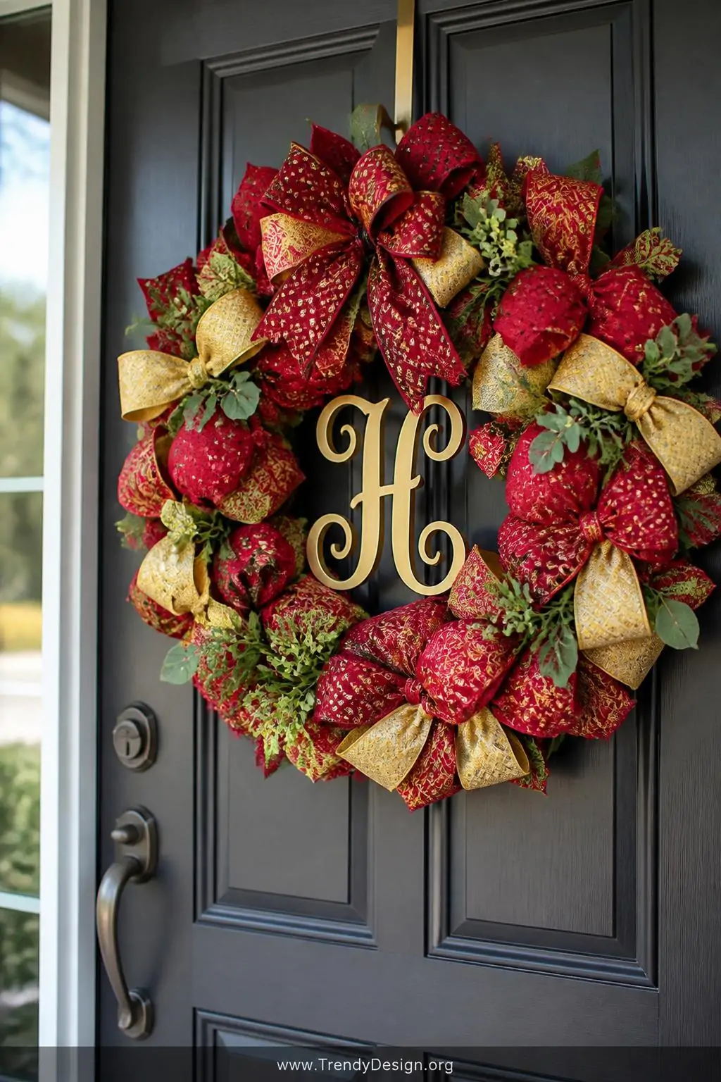 Textured necktie wreath in red and gold silk ties with a decorative monogram letter and faux greenery accents hanging on a dark charcoal painted front door, bright natural daylight, medium shot highlighting the rich layered fabric bows and loops.