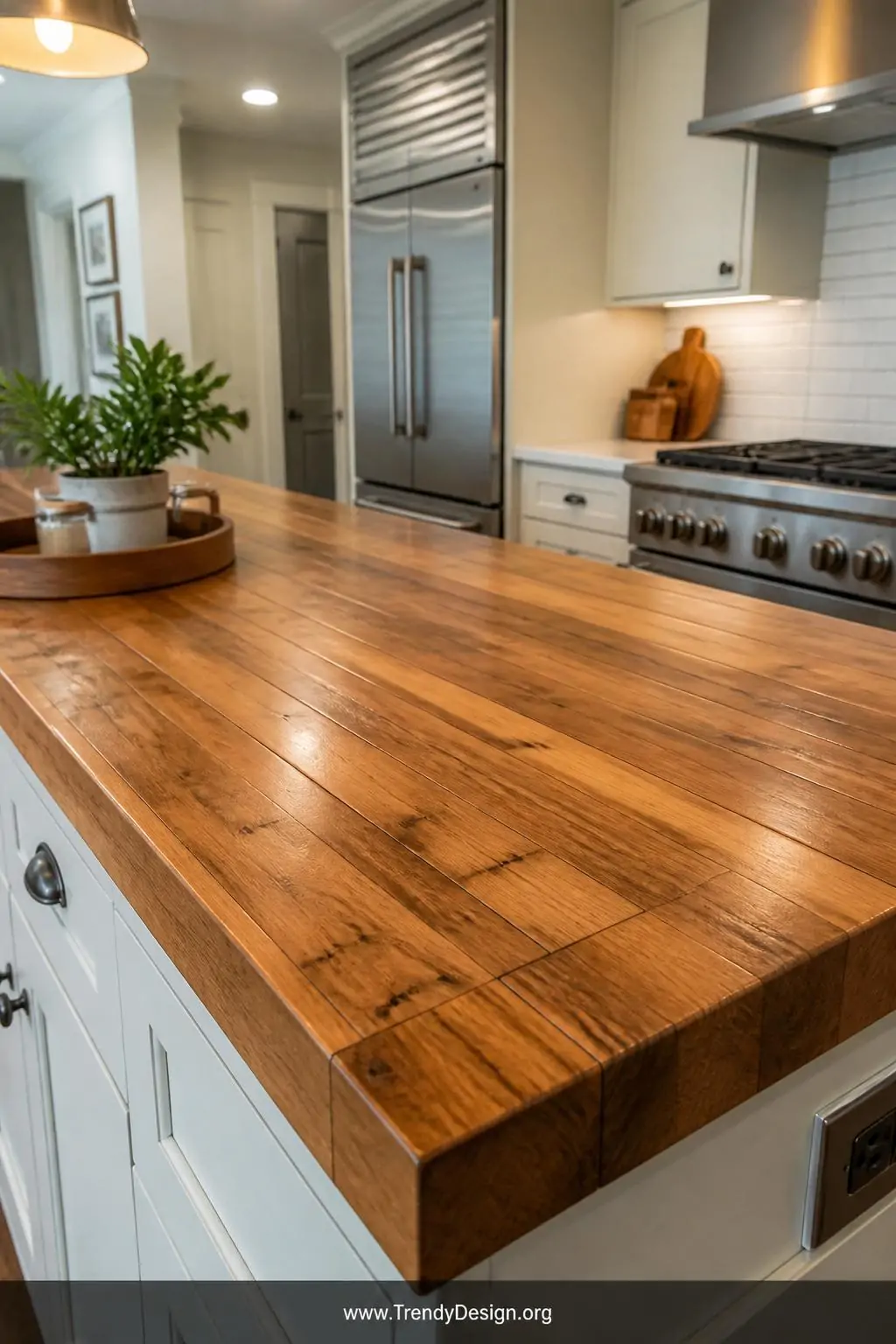 Reclaimed butcher-block style wood kitchen island countertop with deep honey grain and faint surface nicks surrounded by white cabinets and stainless steel appliances, food-safe oiled finish gleaming under recessed overhead lighting, closeup shot.