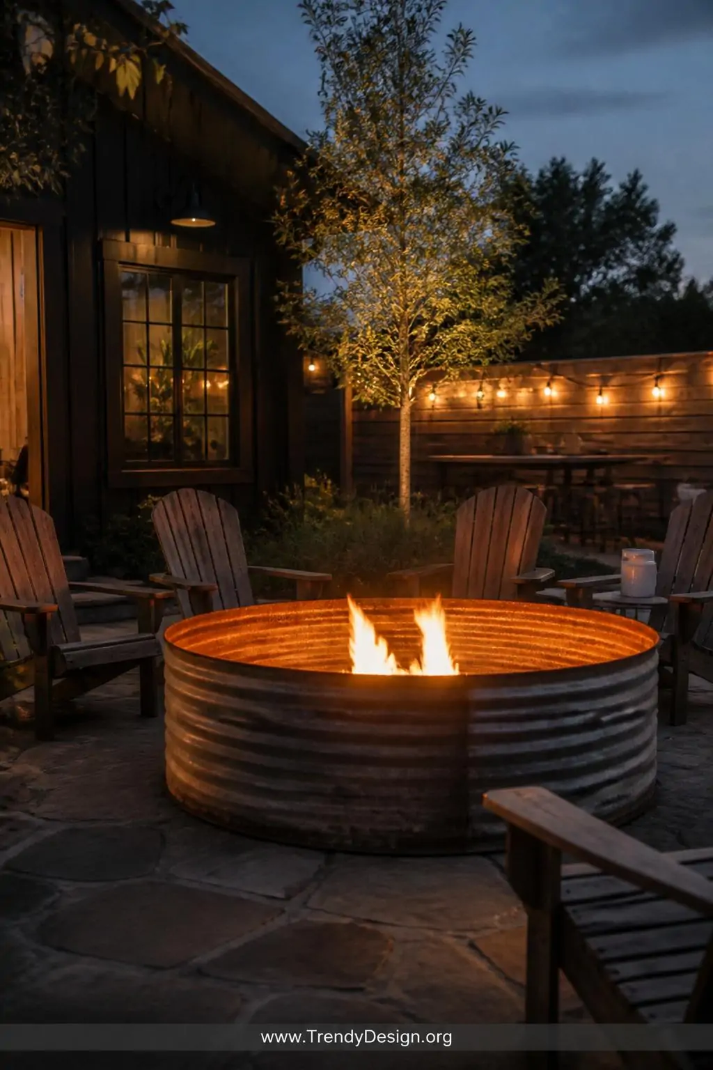 Circular corrugated grain bin metal fire pit ring glowing in a backyard at dusk, wide shot, warm orange firelight reflecting off the ribbed salvaged metal panels, weathered patina surface surrounded by rustic wooden Adirondack chairs on a stone patio, outdoor industrial farmhouse style, photorealistic interior design.