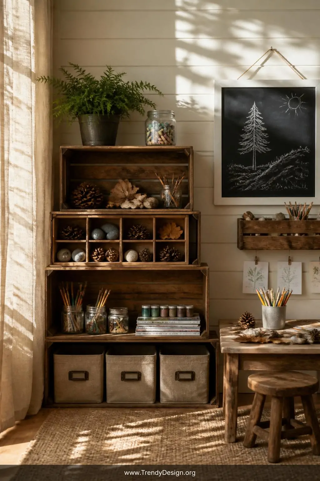 Wide shot of a serene nature-inspired children's art nook featuring raw wooden crates stacked as shelving holding pinecones, 