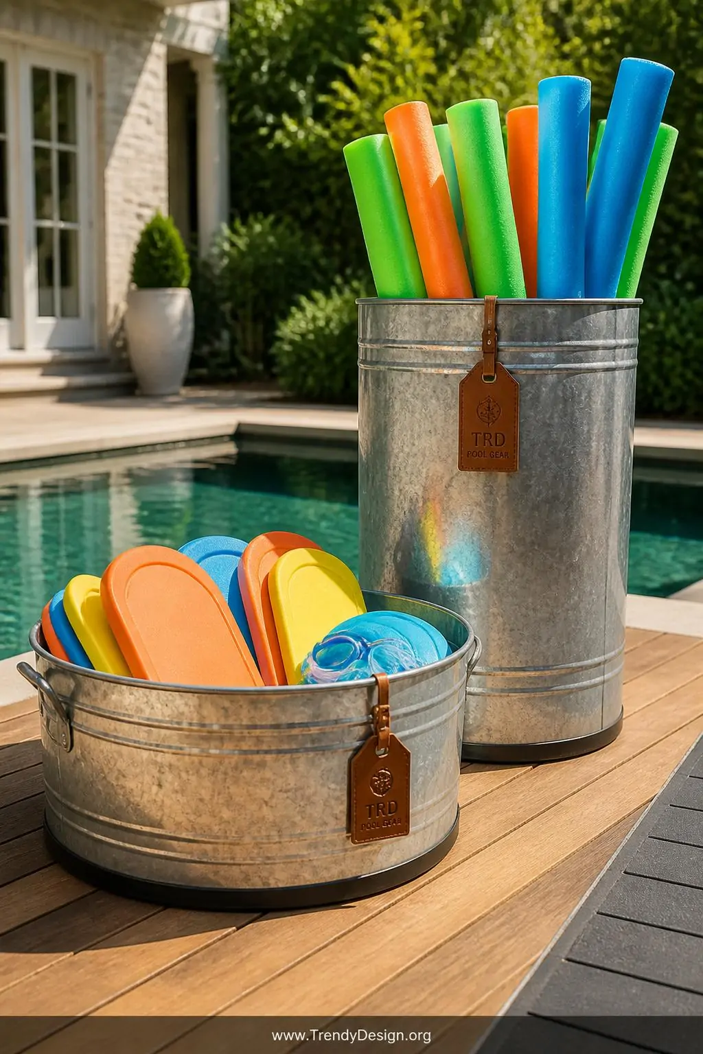 Two galvanized metal bins in contrasting heights on a teak rubber-edged pool deck, tall cylindrical bin packed upright with foam noodles in green blue and orange, wide shallow bin holding flat kickboards and small inflatables, leather hang tags on each bin, bright midday sunlight casting metallic reflections, closeup shot, photorealistic interior design.