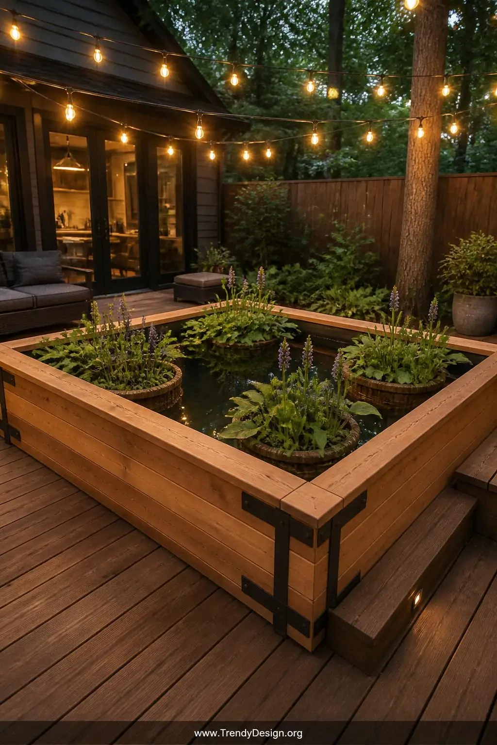 Raised cedar plunge pool with submerged aquatic plant baskets on a timber deck, compact contemporary naturalistic style, medium shot — a warm honey-toned cedar tub with dark iron hardware sitting on a wide hardwood deck, lush water hyacinth and pickerelweed spilling from wicker baskets around the interior perimeter, lit by warm string lights overhead at dusk.