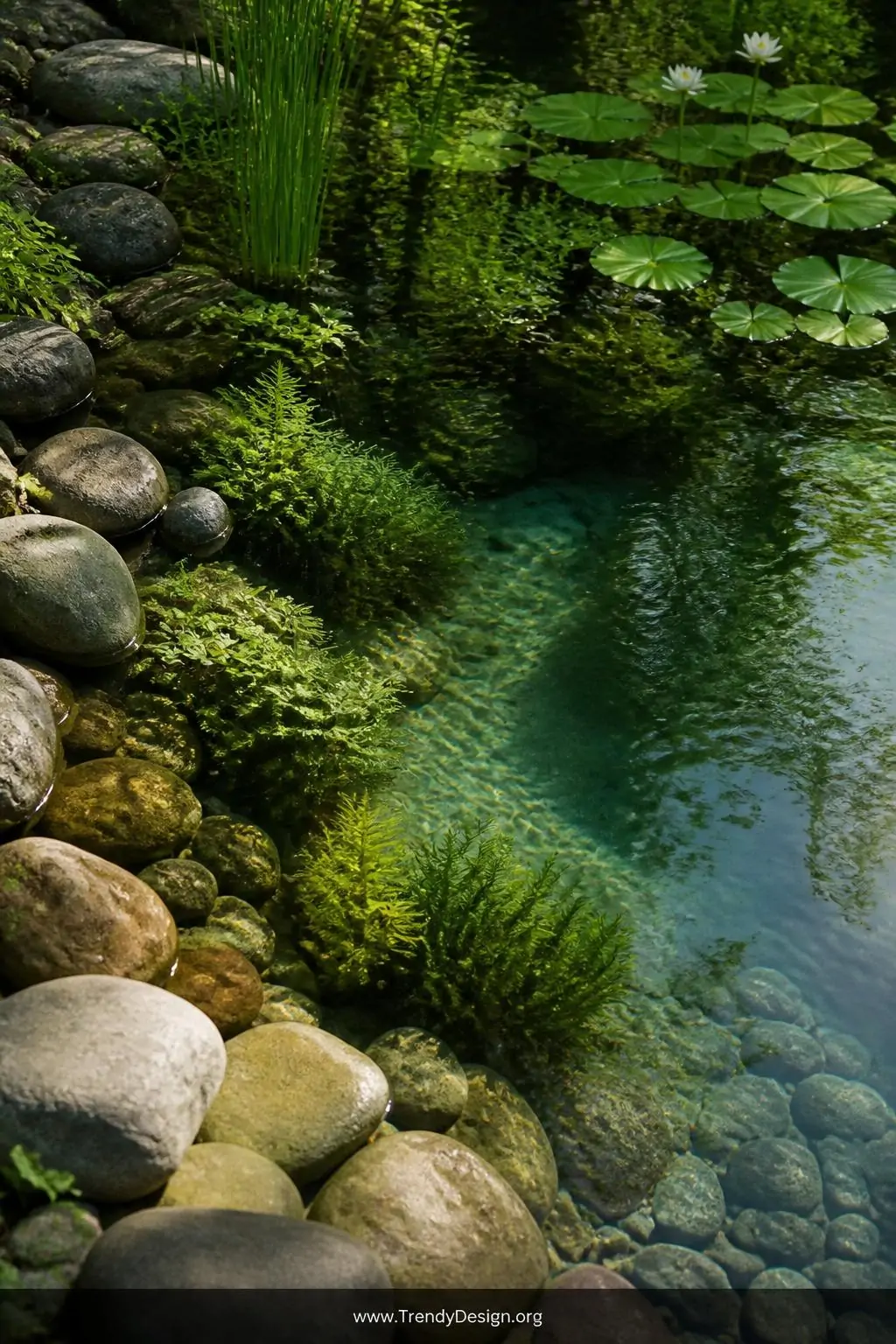 Closeup of crystal-clear natural swimming pool edge where smooth river gravel meets water purified by dense clusters of aquatic reeds, waterlilies, and floating ferns in deep emerald and sage greens, soft dappled natural light filtering through overhead tree canopy onto the organic stone border, photorealistic interior design.