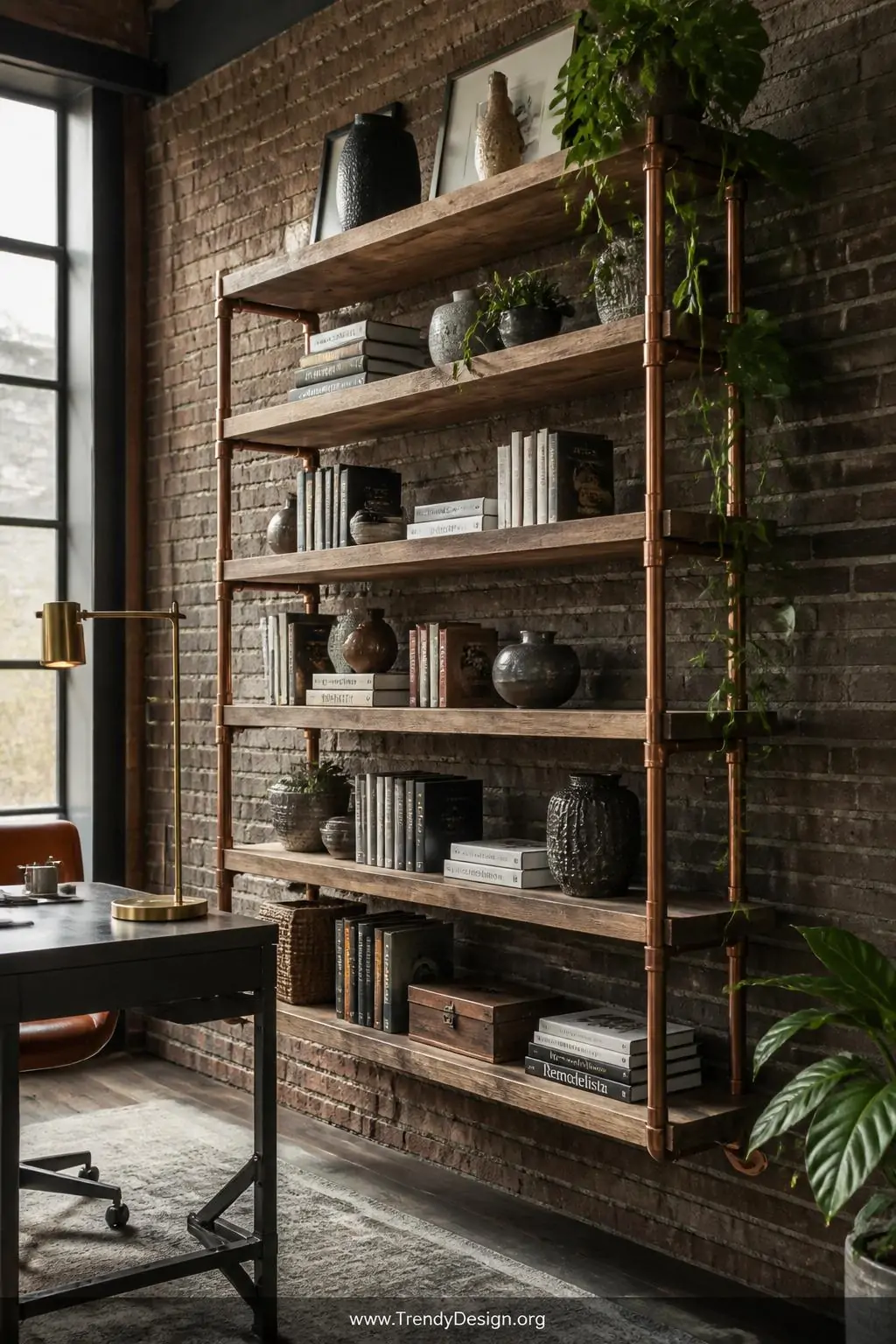 Open copper pipe and reclaimed oak wood bookshelf mounted on an exposed brick wall displaying stacked books, trailing pothos, and ceramic vessels in a moody industrial home office, wide shot with natural side lighting.
